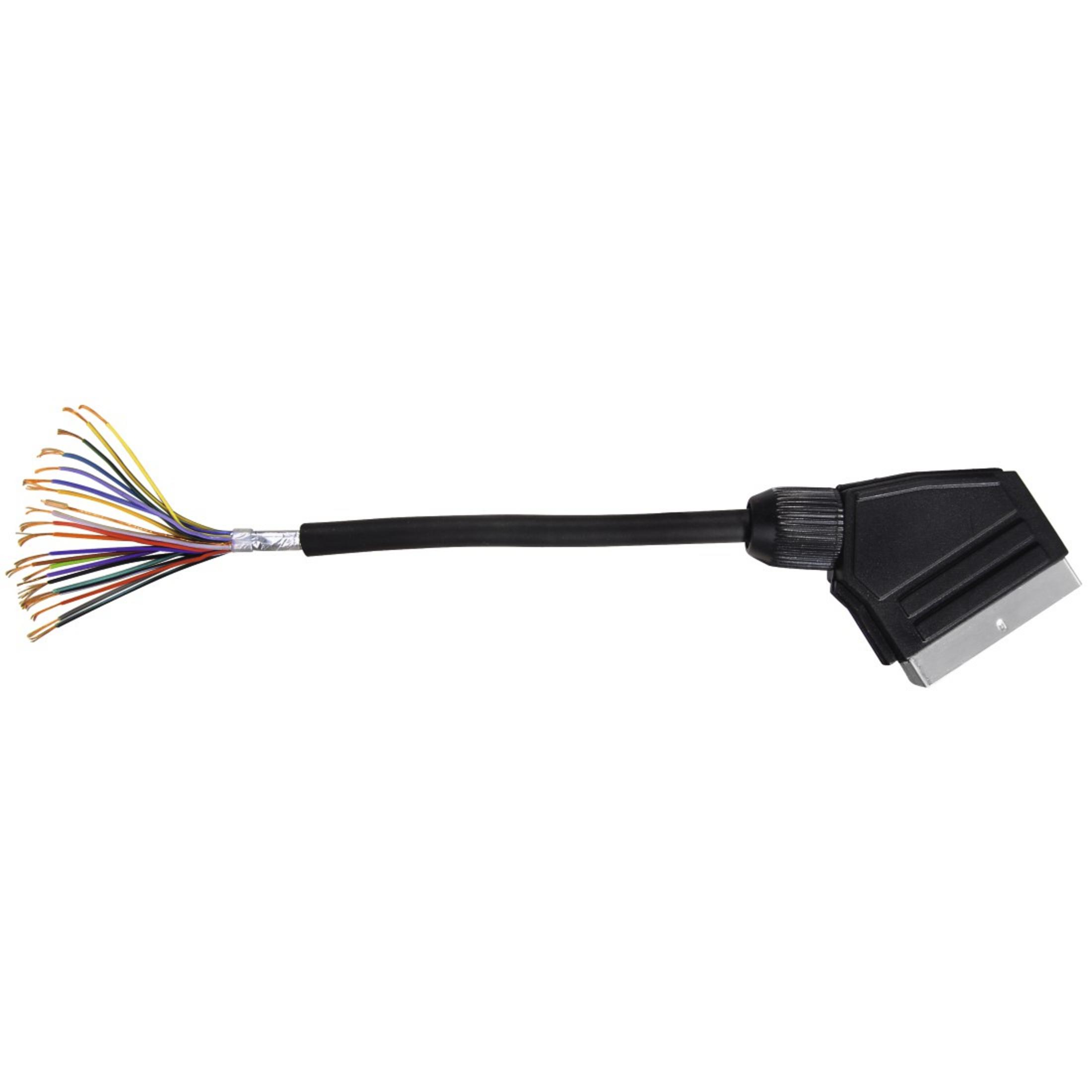 SCART cable with multi-colored wires and a black plug on a white background.