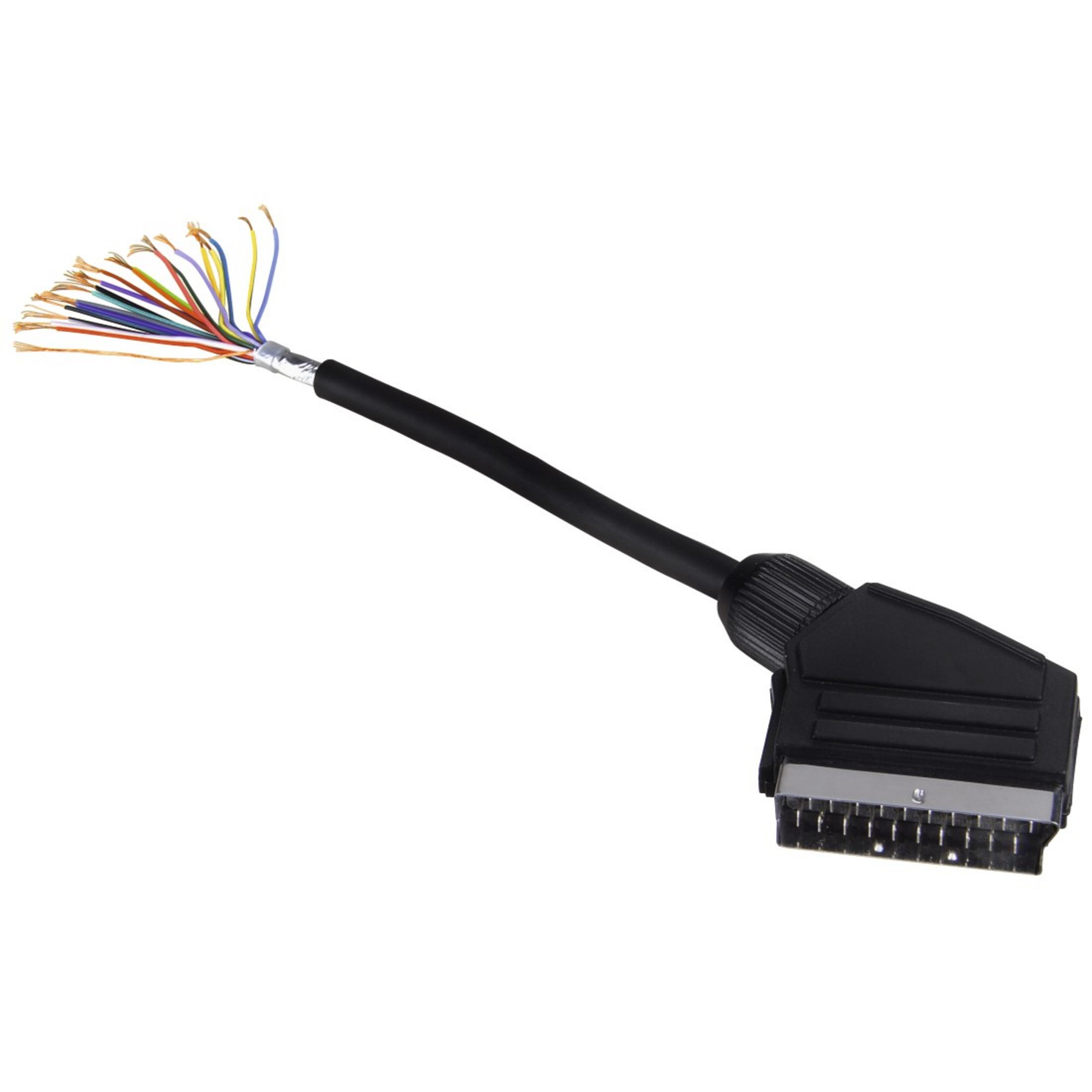 Black SCART cable with exposed wires and a multi-pin connector.