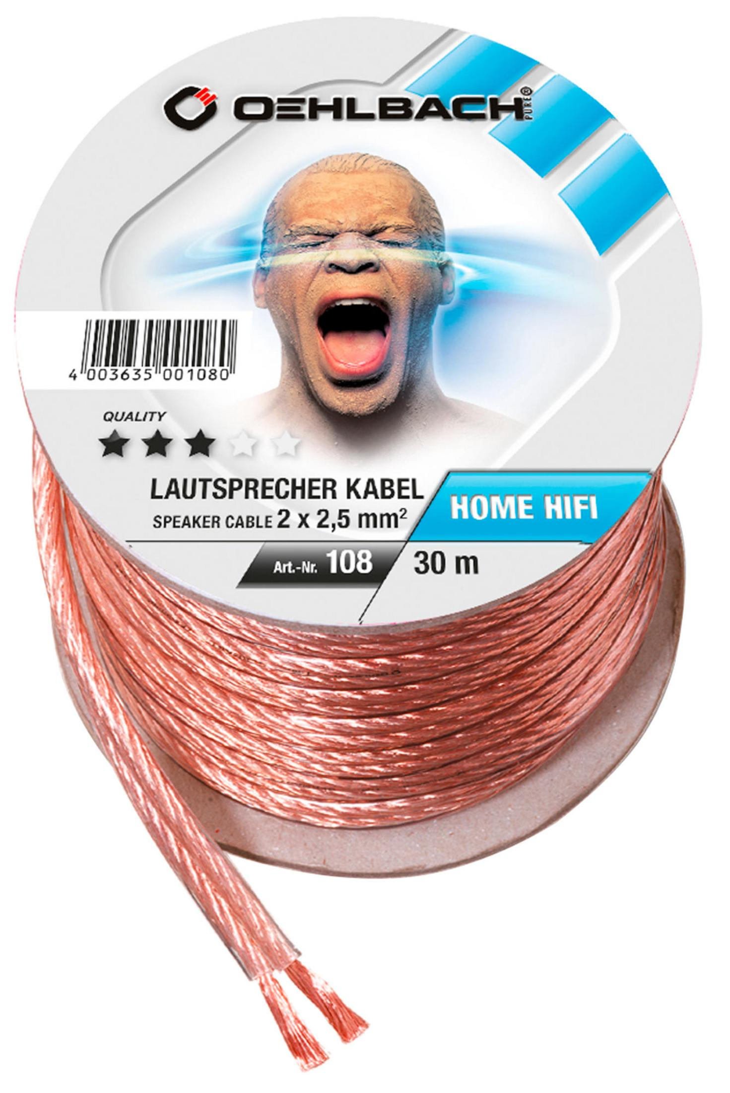 Eine Spule aus kupfernem Lautsprecherkabel mit einem Etikett mit dem schreienden Gesicht eines Mannes.
