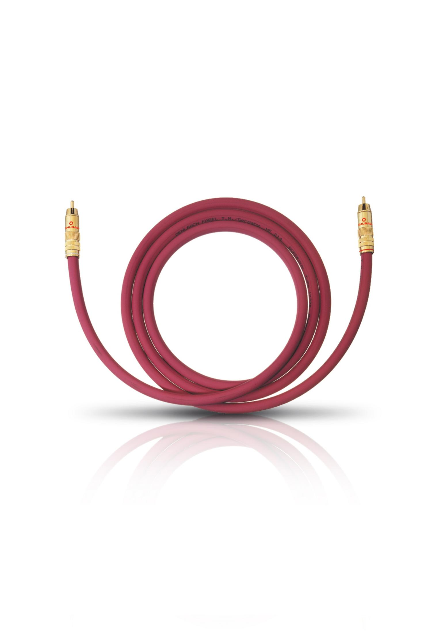 Rotes Cinch-Audiokabel mit goldenen Steckern. Es ist auf weißem Grund.