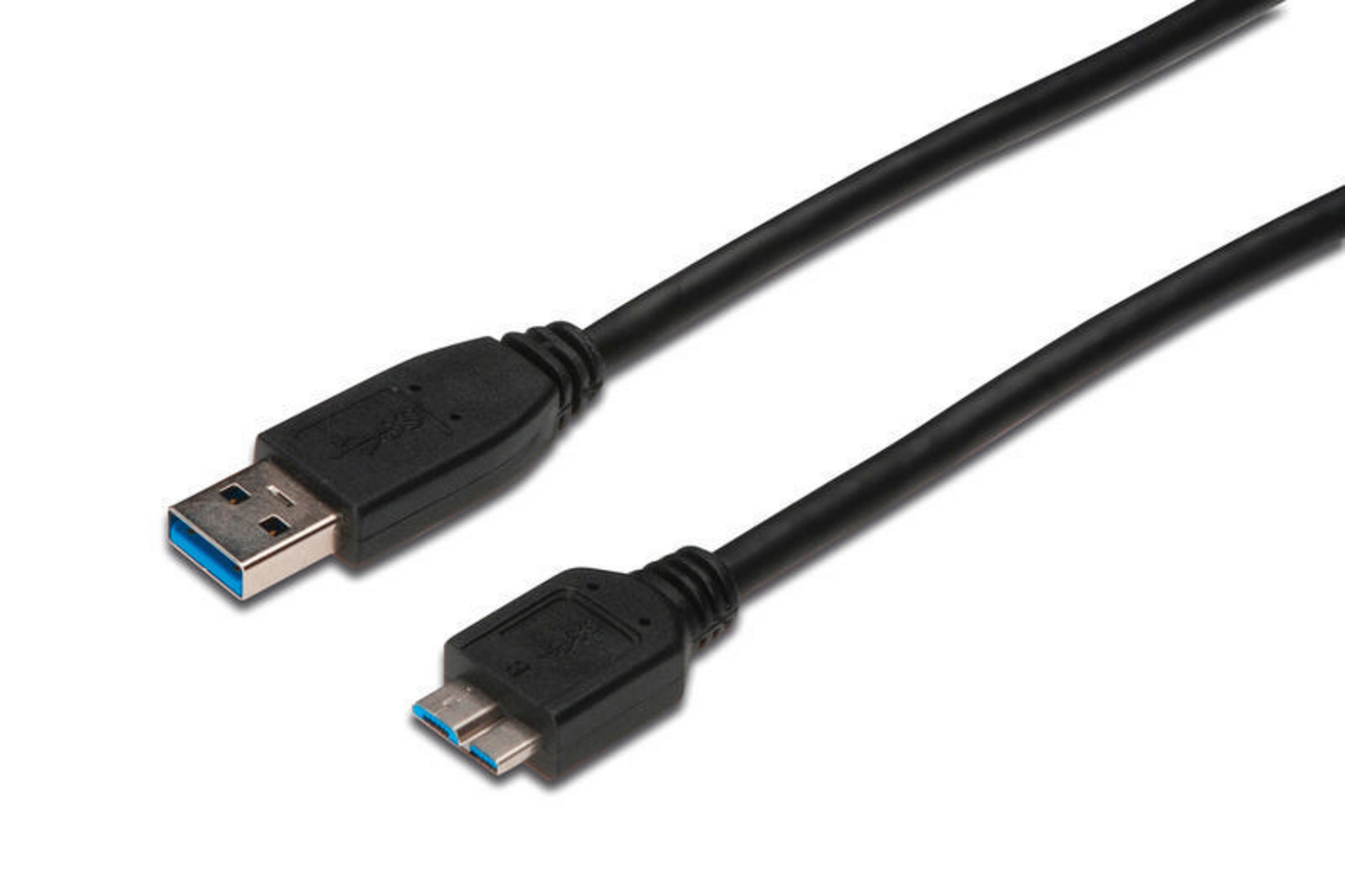 Câble USB noir. Il a un connecteur USB et micro USB. Fond blanc.