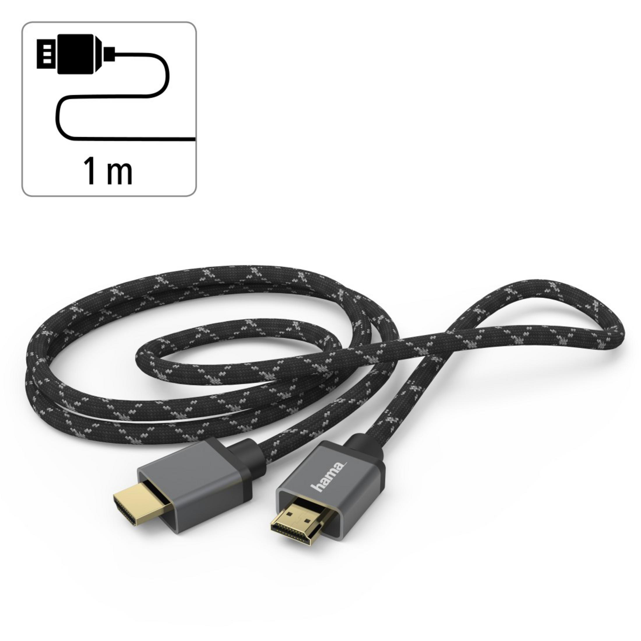 Czarny kabel HDMI, długości 1 metra, z szarymi złączami i czarno-białym plecionym kablem.