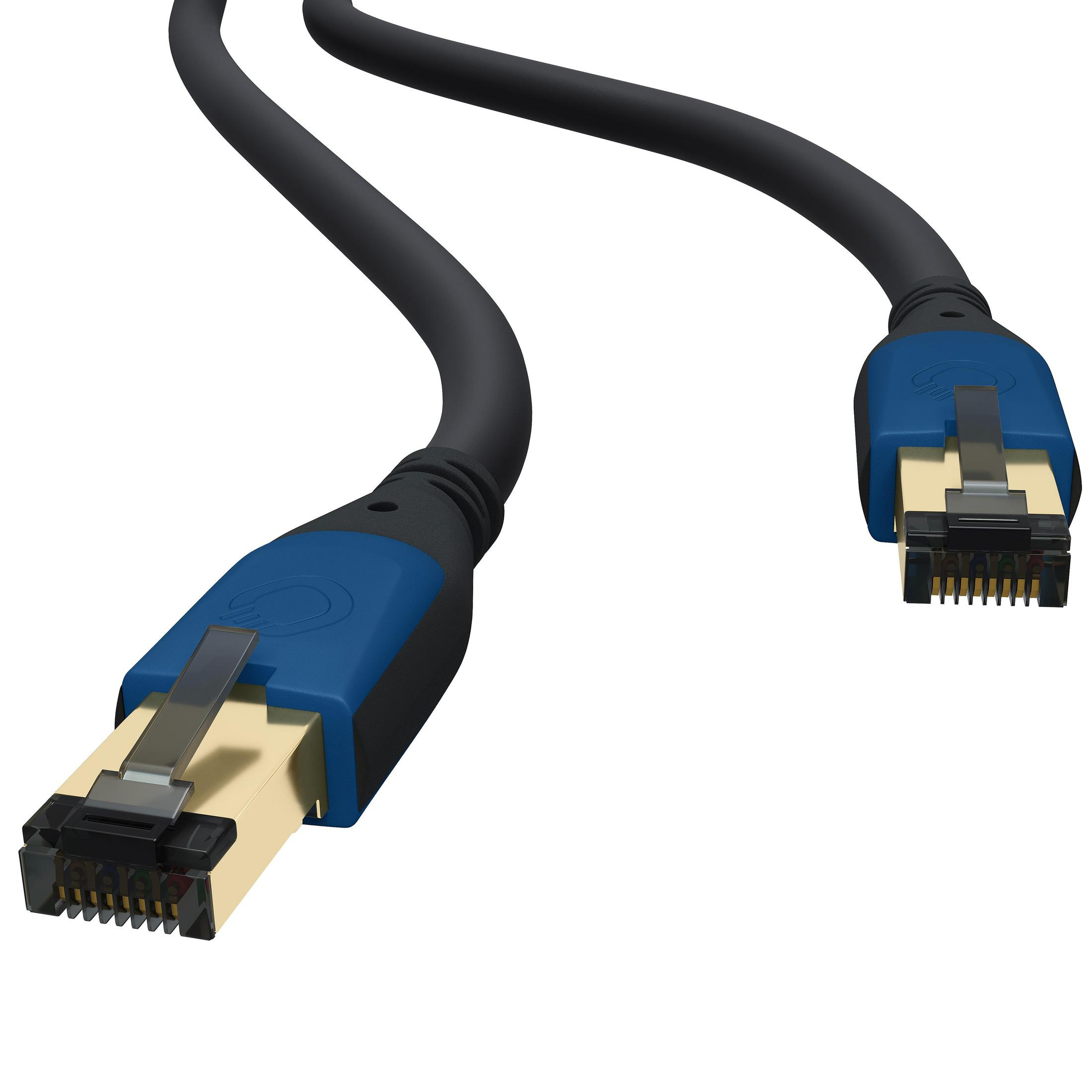 Schwarzes und blaues Netzwerkkabel mit goldenen Steckern.