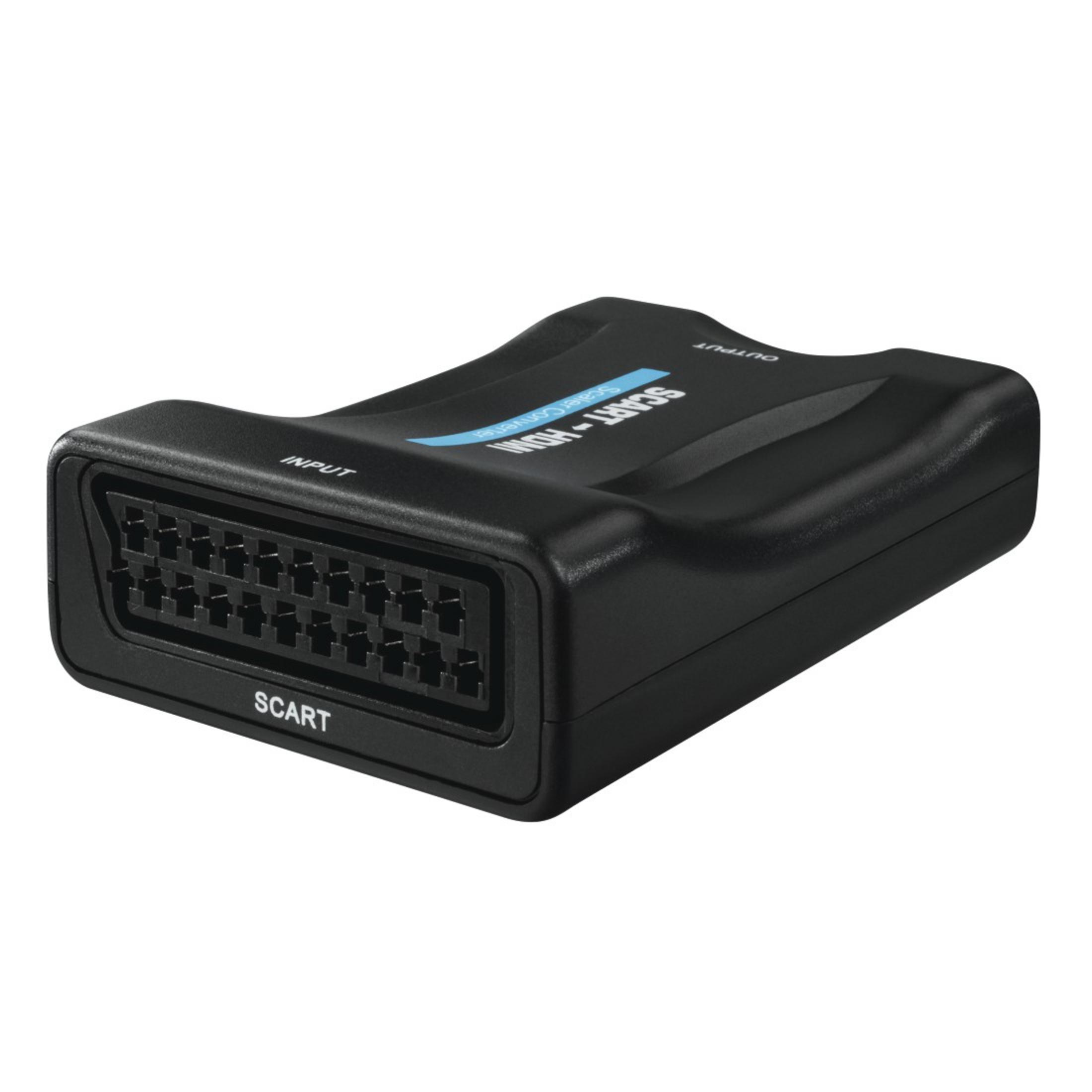 A black SCART to HDMI converter is shown. It has input and output ports labeled.