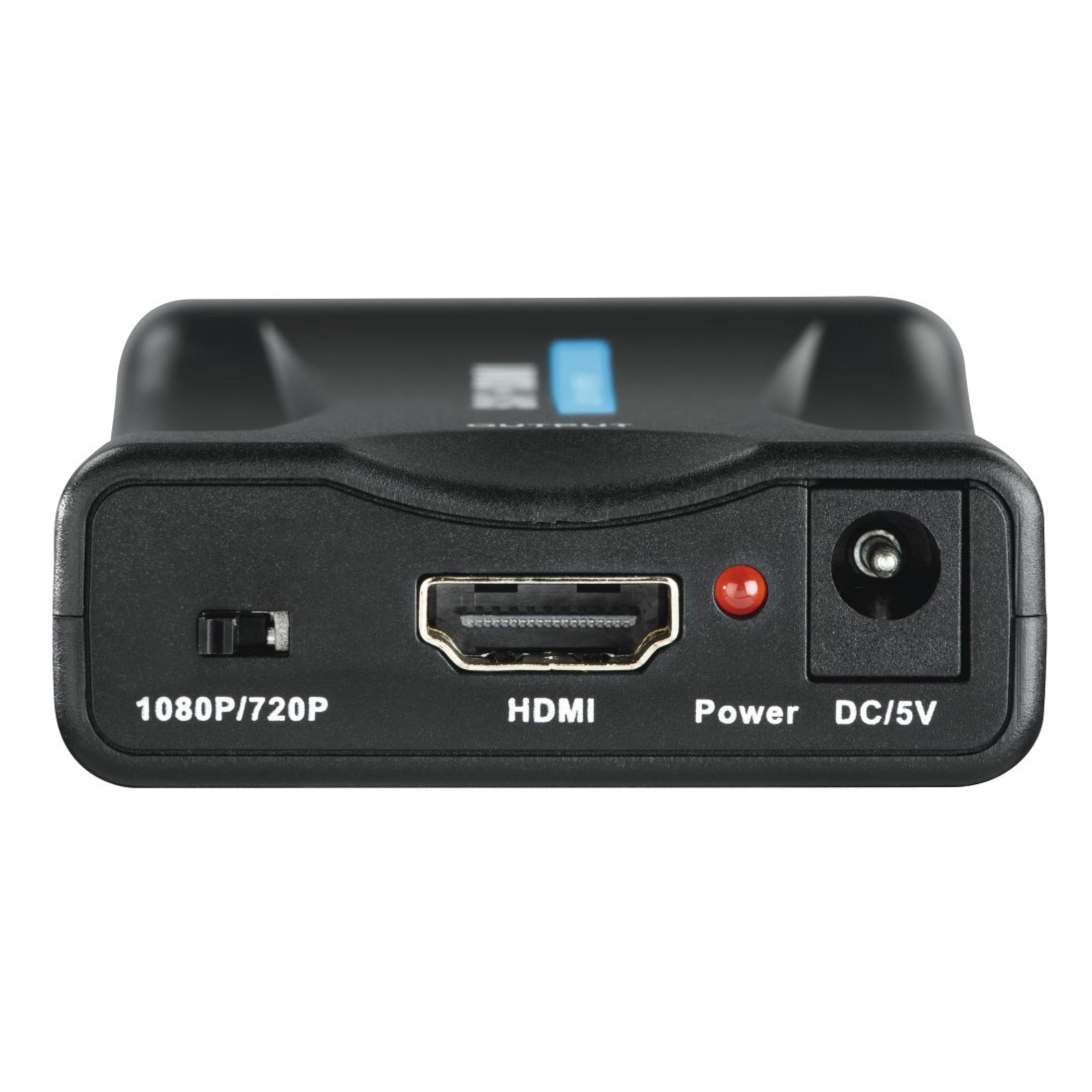 Black HDMI converter with ports and buttons. Includes HDMI port, power input, and a power indicator.