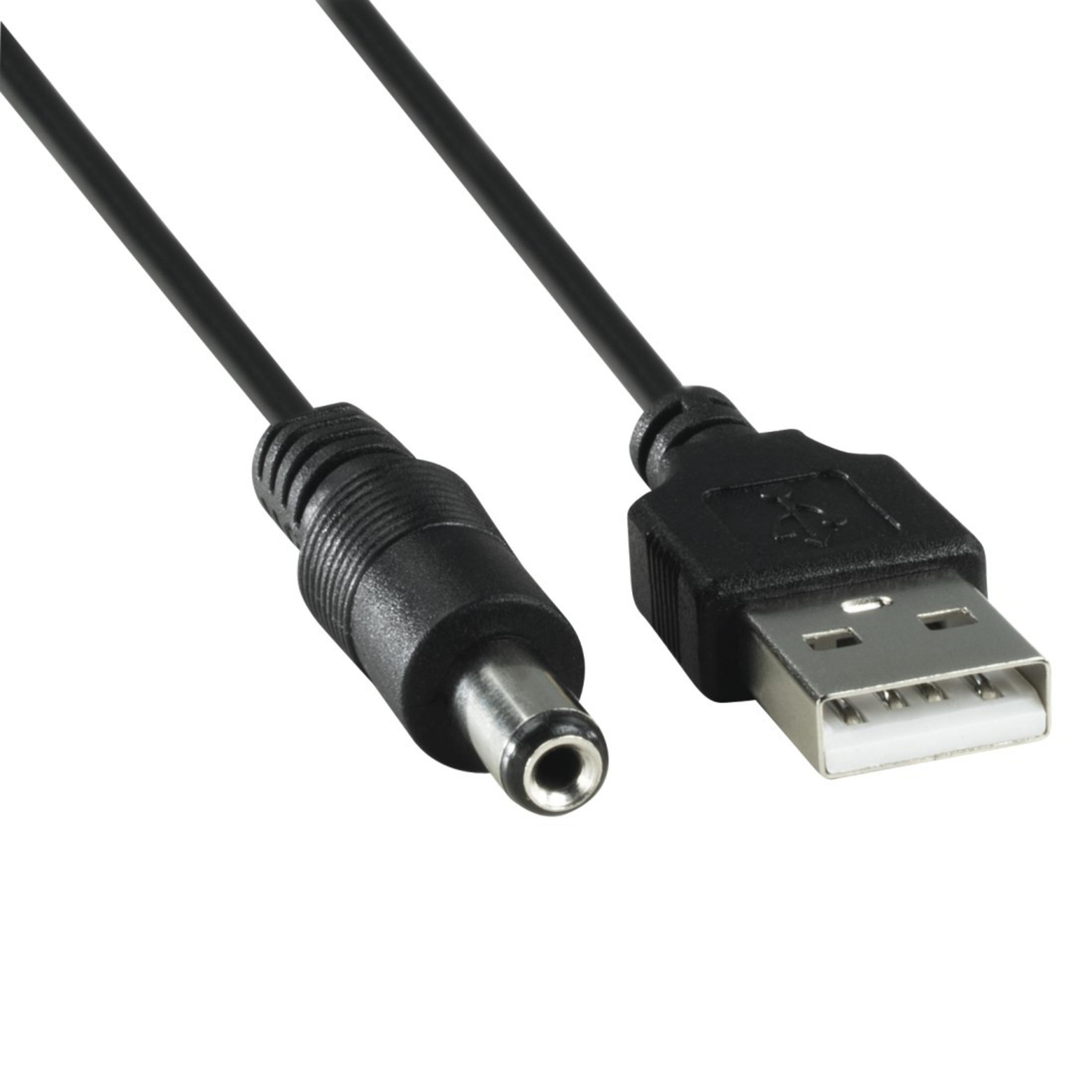 A black USB to DC cable with a USB-A connector and a DC power connector.