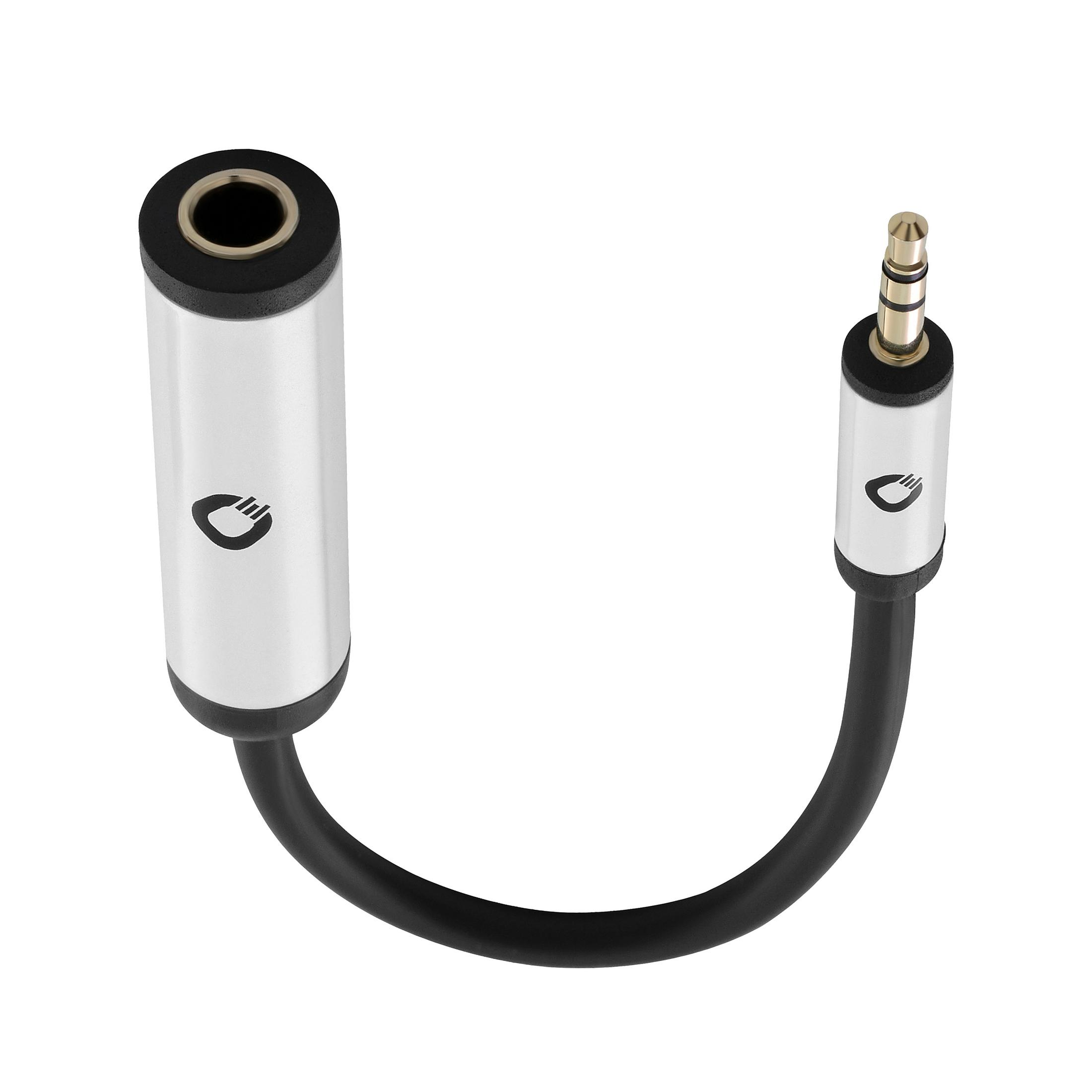 Silbernes und schwarzes Audio-Adapterkabel. Ein Ende ist ein 3,5-mm-Klinkenstecker, das andere für Kopfhörer.