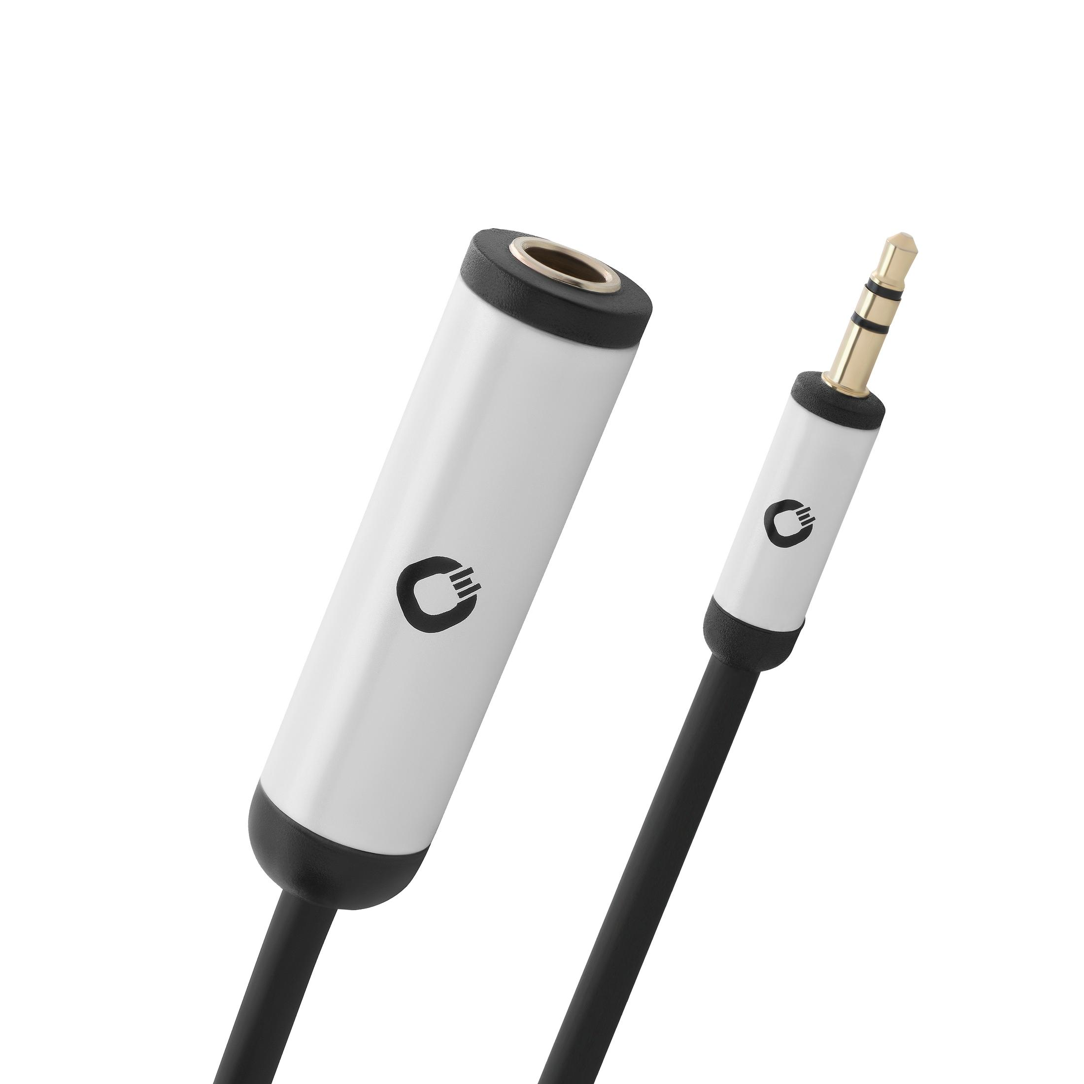 Ein weißes und schwarzes Audio-Adapterkabel. Ein Ende ist ein 3,5-mm-Klinkenstecker, das andere ein 3,5-mm-Buchsenanschluss.
