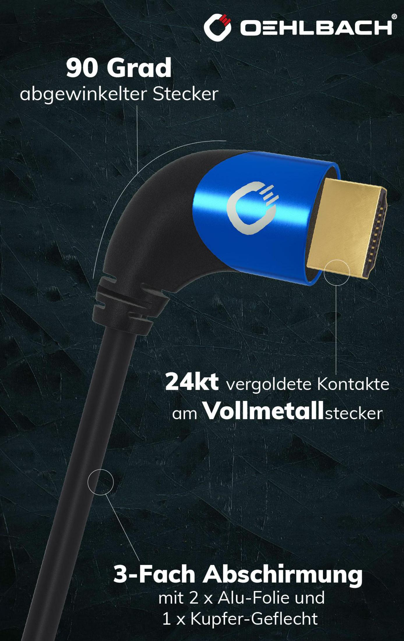 Nahaufnahme eines schwarzen HDMI-Kabels mit blauem Stecker, Textbeschriftung.