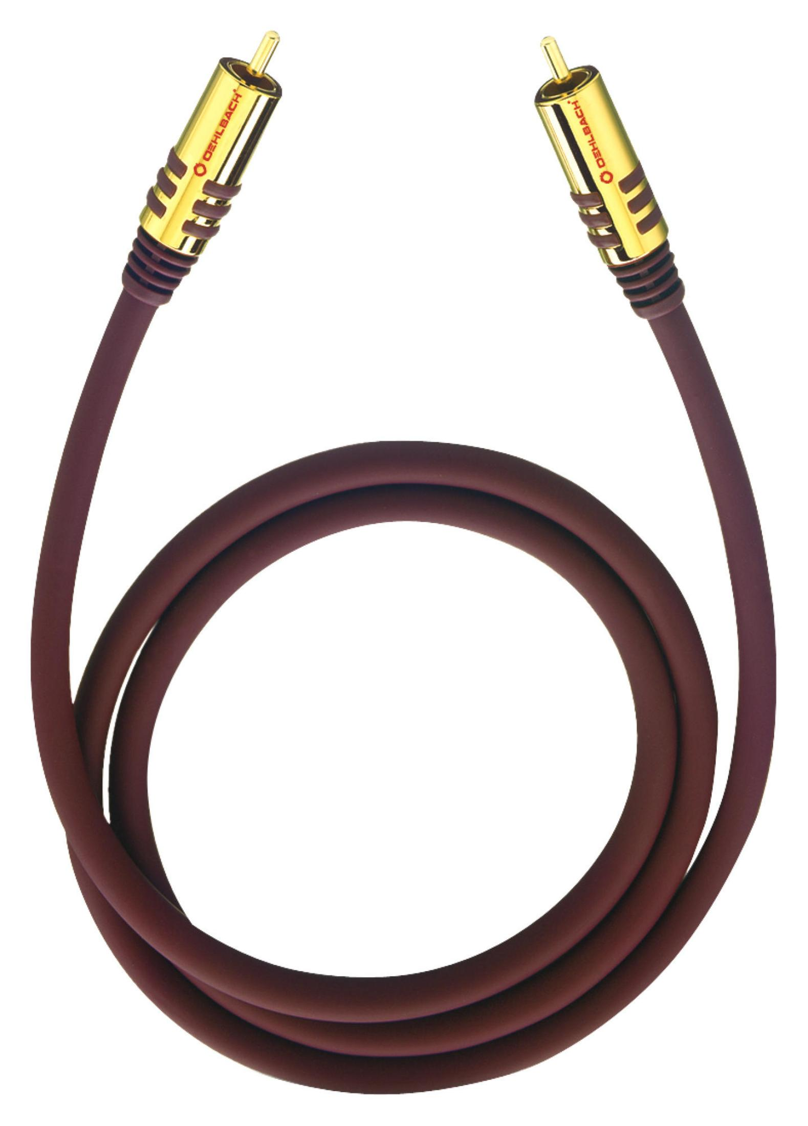 Braunes Audiokabel mit Goldanschlüssen. Das Kabel ist aufgerollt und hat goldfarbene Anschlüsse.
