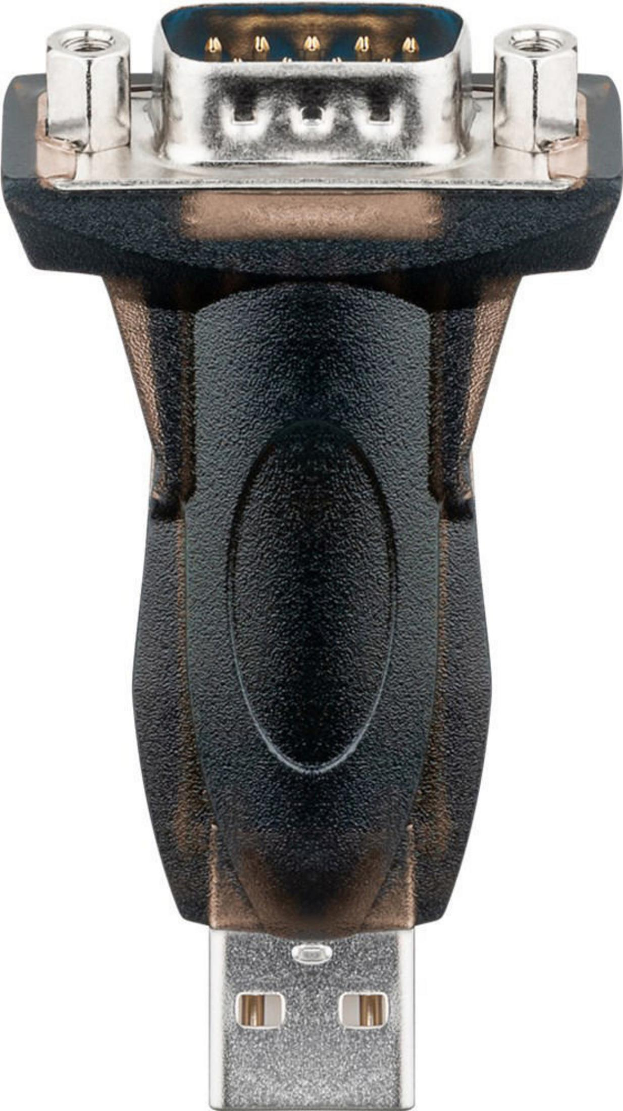 Ein USB-zu-Seriell-Adapter. Er ist schwarz mit einem USB-Anschluss an einem Ende und einem seriellen Anschluss am anderen.