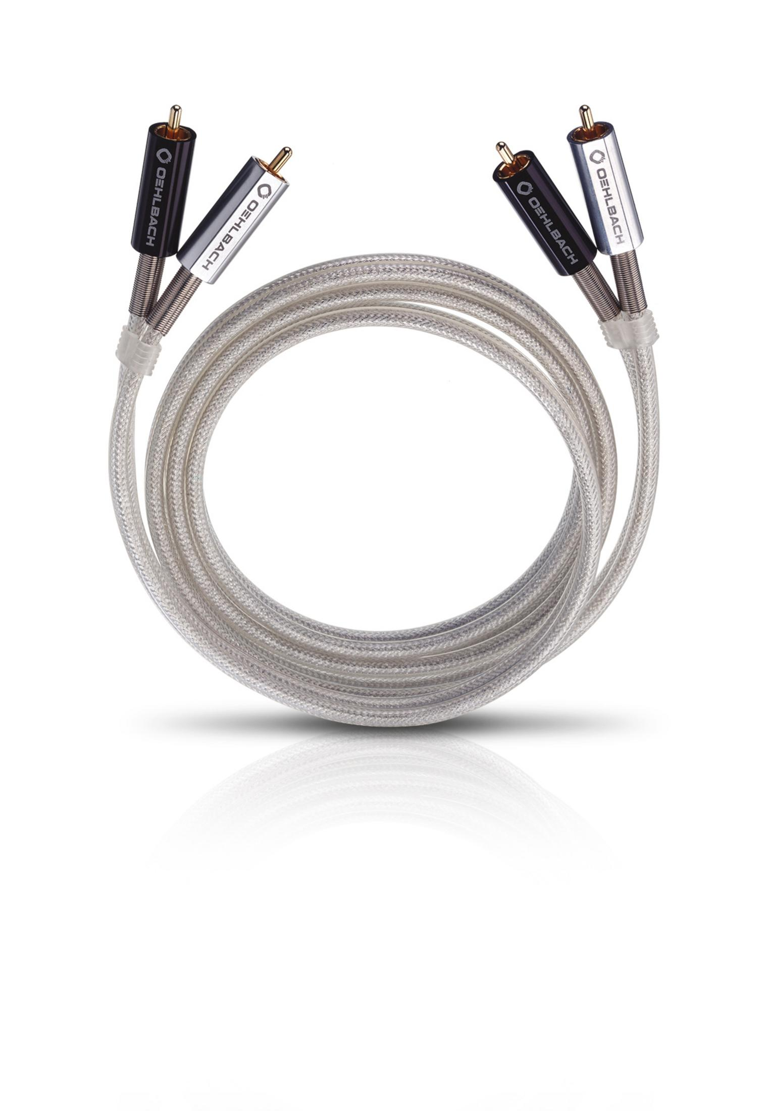 Silberne und schwarze Audiokabel, kreisförmig aufgerollt. Goldfarbene Stecker an jedem Ende.