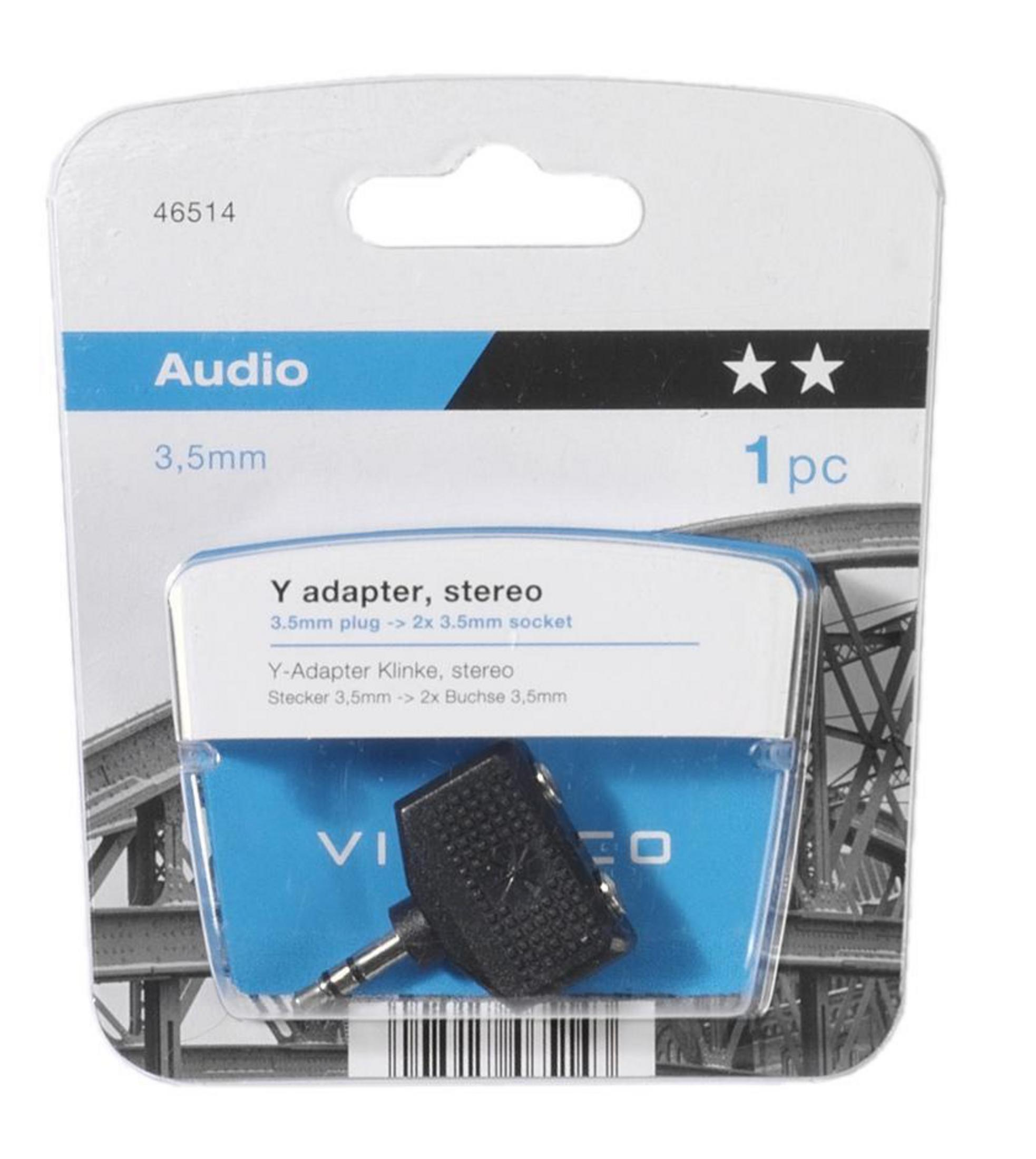 Y-Adapter, Stereo, in Blisterverpackung. Blaues und weißes Etikett. Schwarzer Adapter.