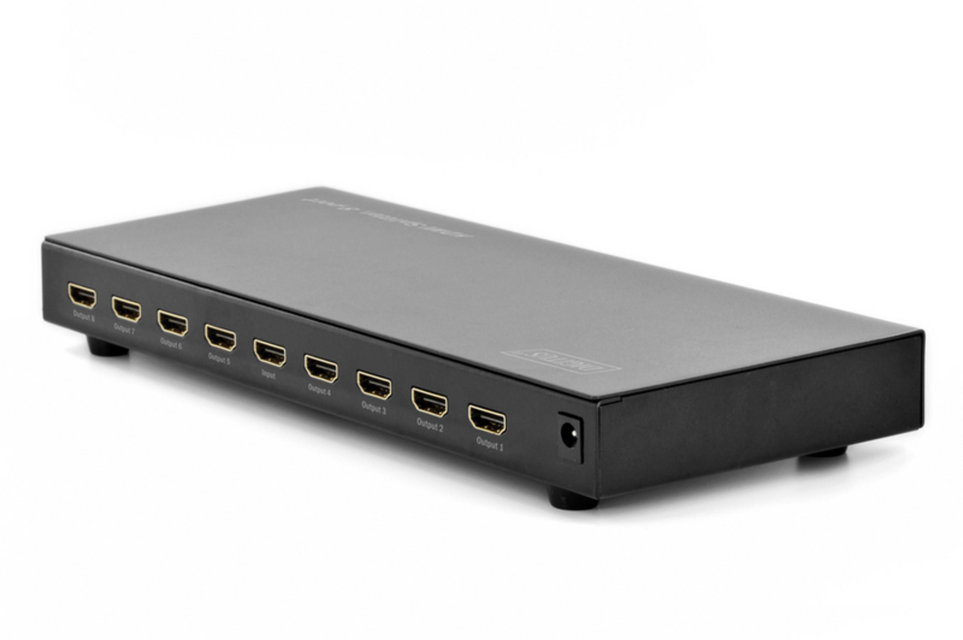 Schwarzer HDMI-Switch mit mehreren Ein-/Ausgängen, isoliert auf weißem Hintergrund.