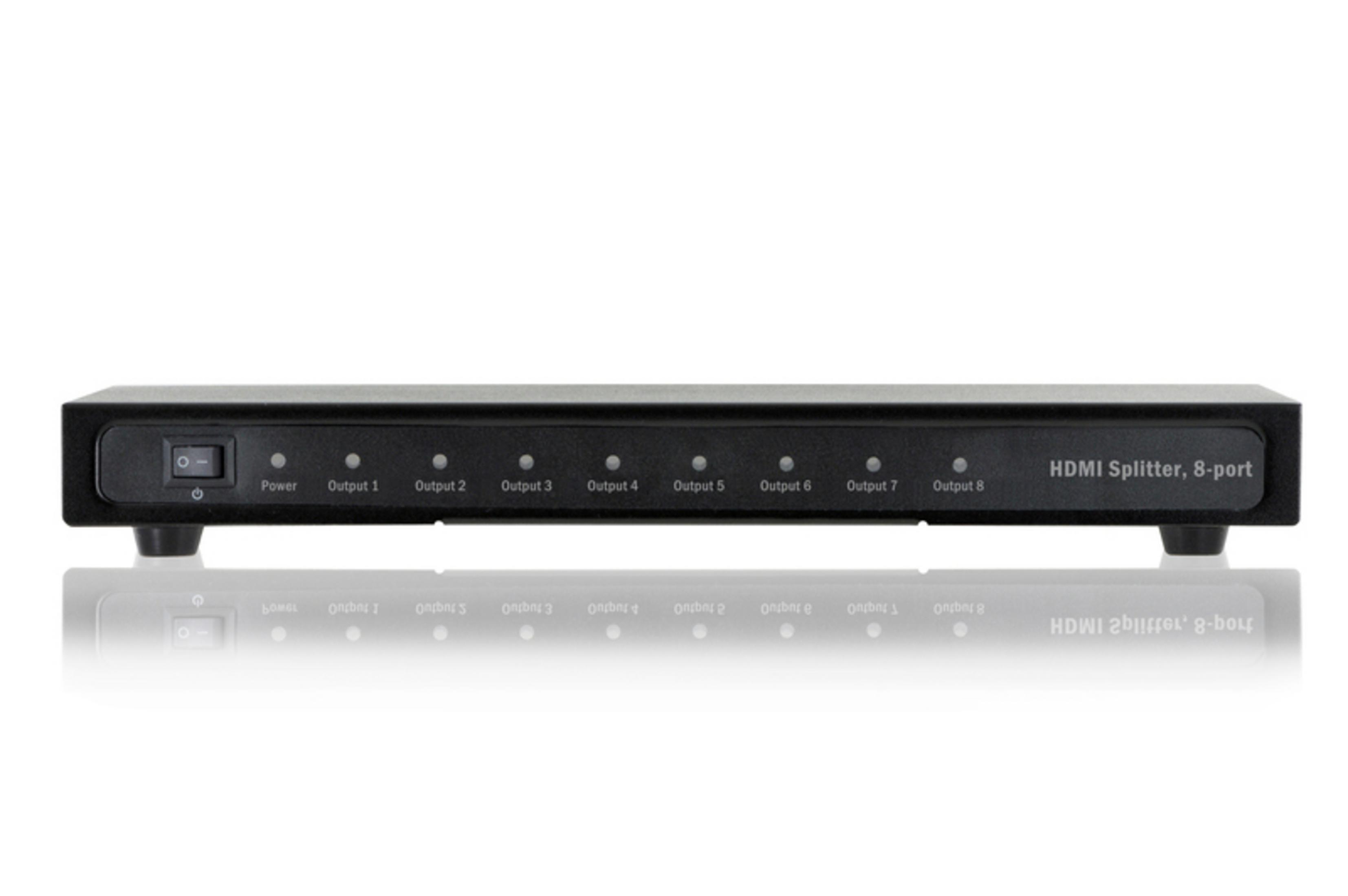 Schwarzer HDMI-Splitter mit mehreren Ausgangsanschlüssen, auf weißem Hintergrund.