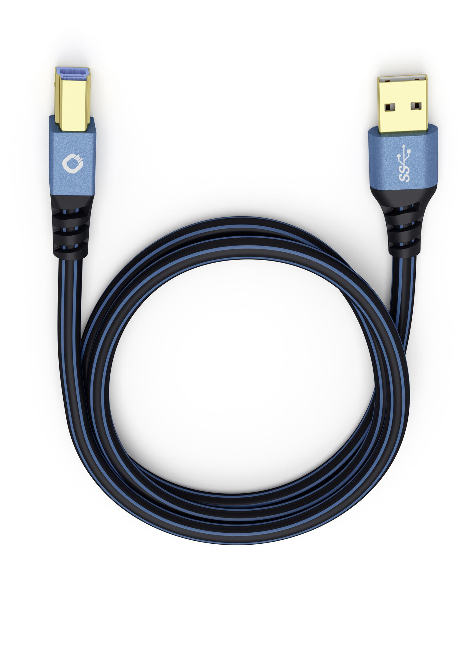 Schwarzes und blaues USB-Kabel mit Anschlüssen. Weißer Hintergrund.