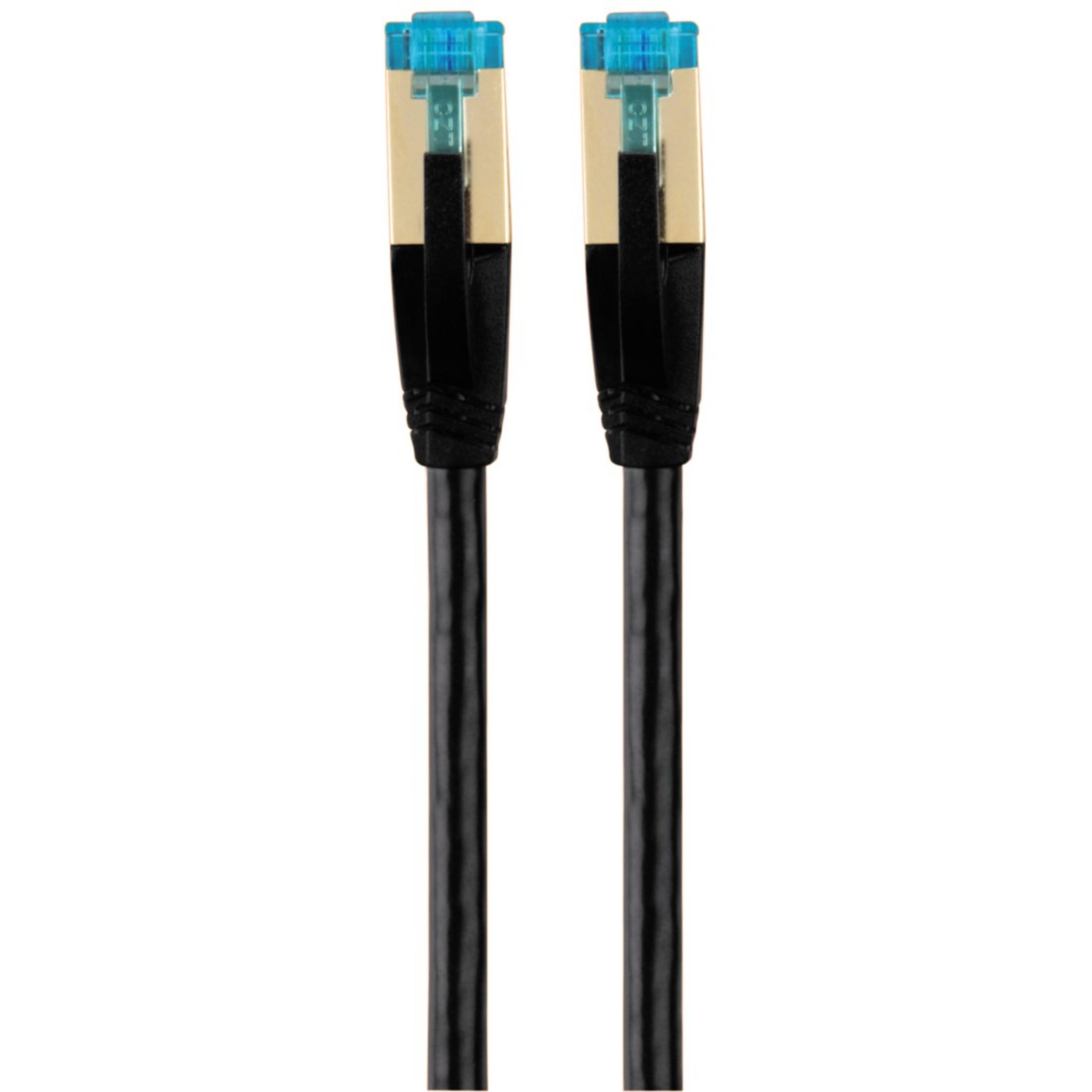 Zwei schwarze LAN-Kabel mit blauen und goldenen Steckern.