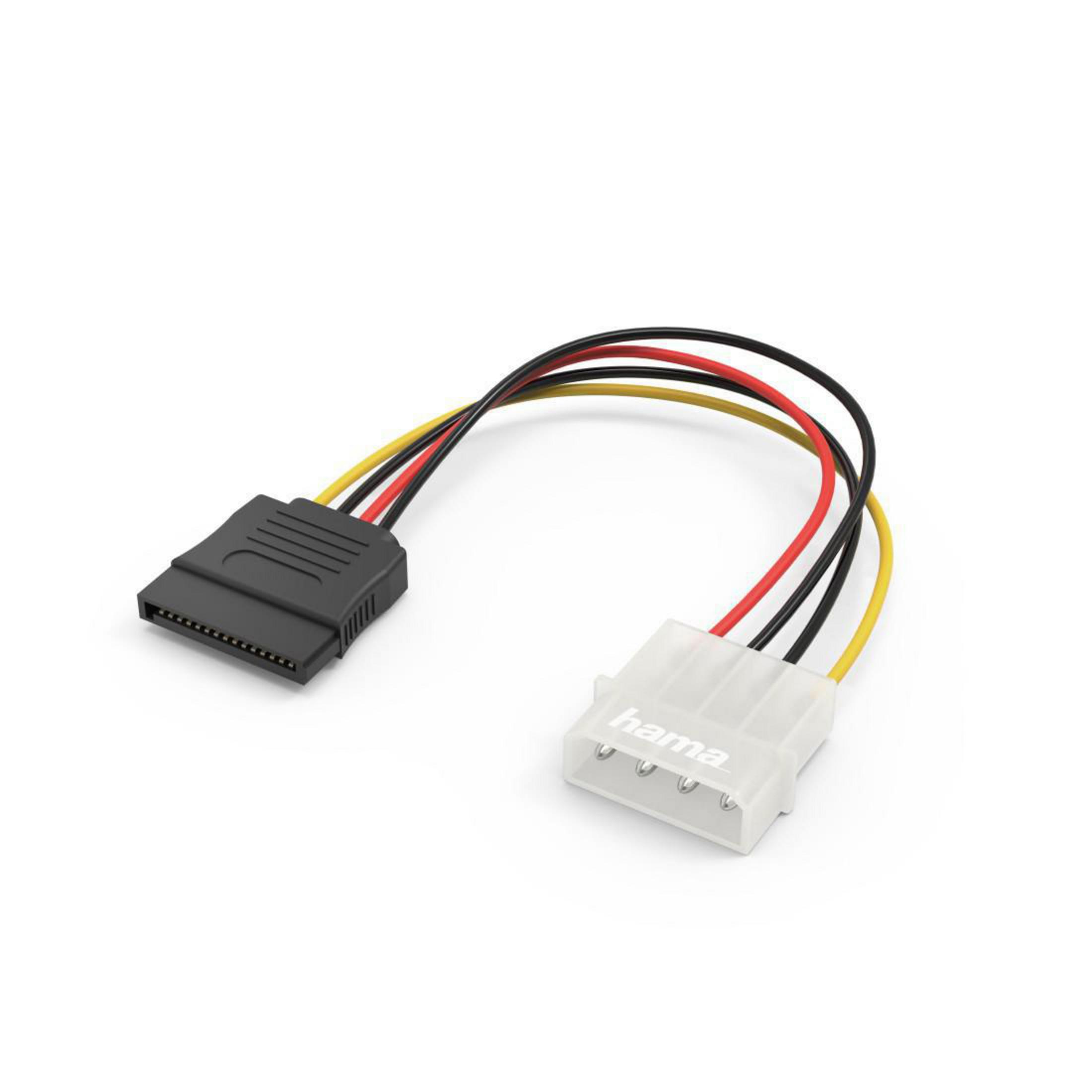 SATA-Stromkabeladapter. Er hat einen SATA-Anschluss, einen 4-poligen Stecker und schwarze, gelbe und rote Drähte.