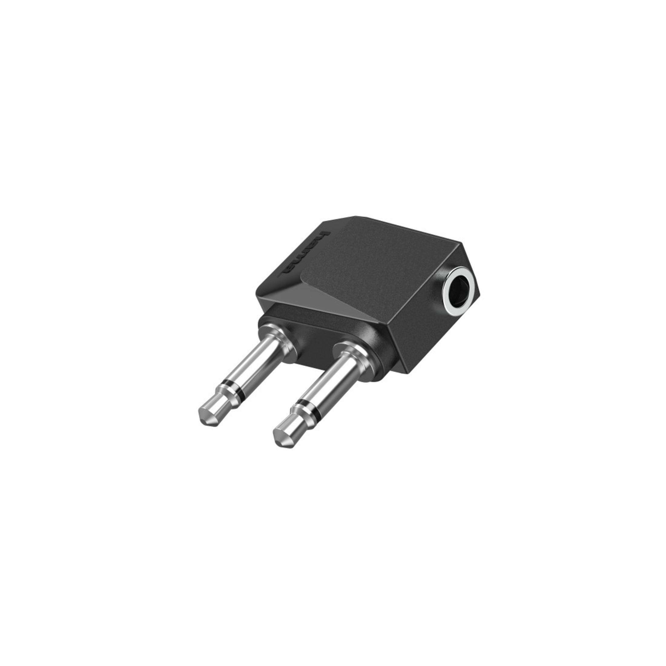 Zwarte audio adapter. Het heeft twee 3,5 mm jacks en één 3,5 mm socket. Witte achtergrond.