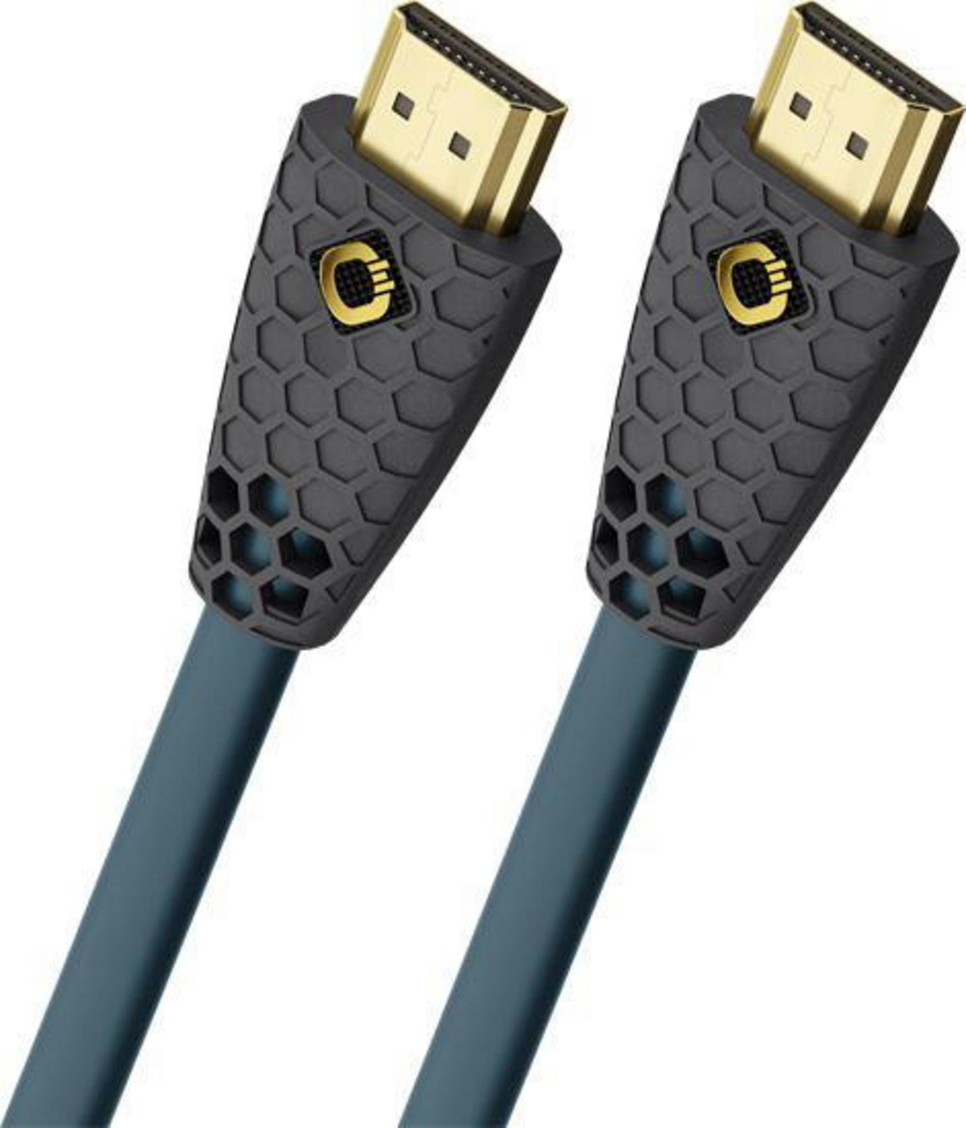 Zwei blaue HDMI-Kabel mit sechseckig gemusterten Steckern. Goldene Stecker.