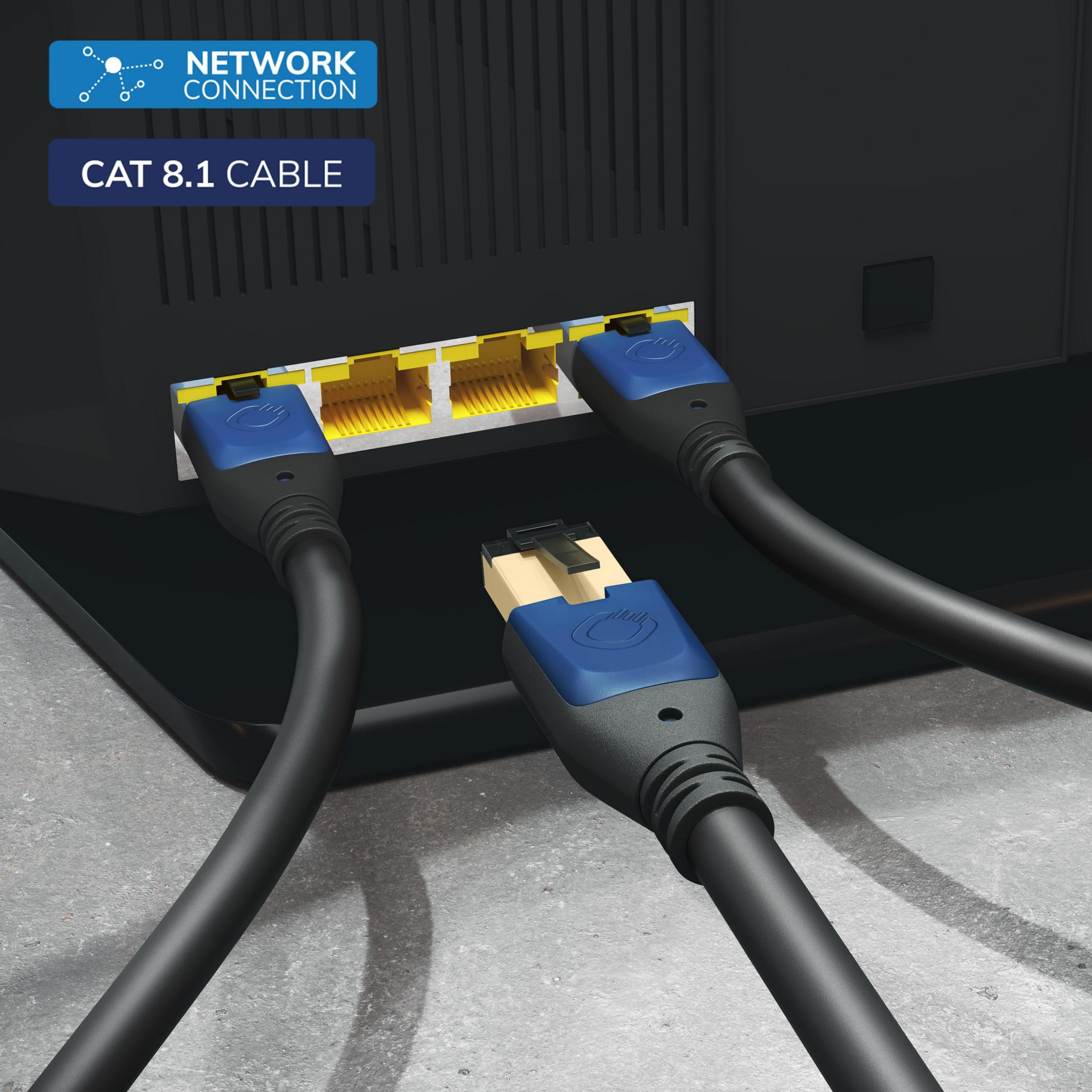 Drei Netzwerkkabel, die mit einem Router verbunden sind. Die Kabel sind schwarz mit blauen Enden.