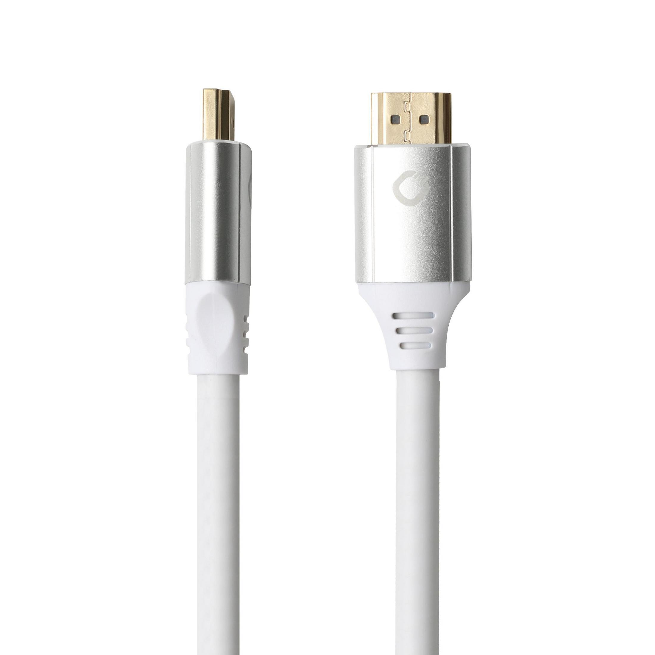 Weißes und silbernes HDMI-Kabel mit Anschlüssen an beiden Enden.