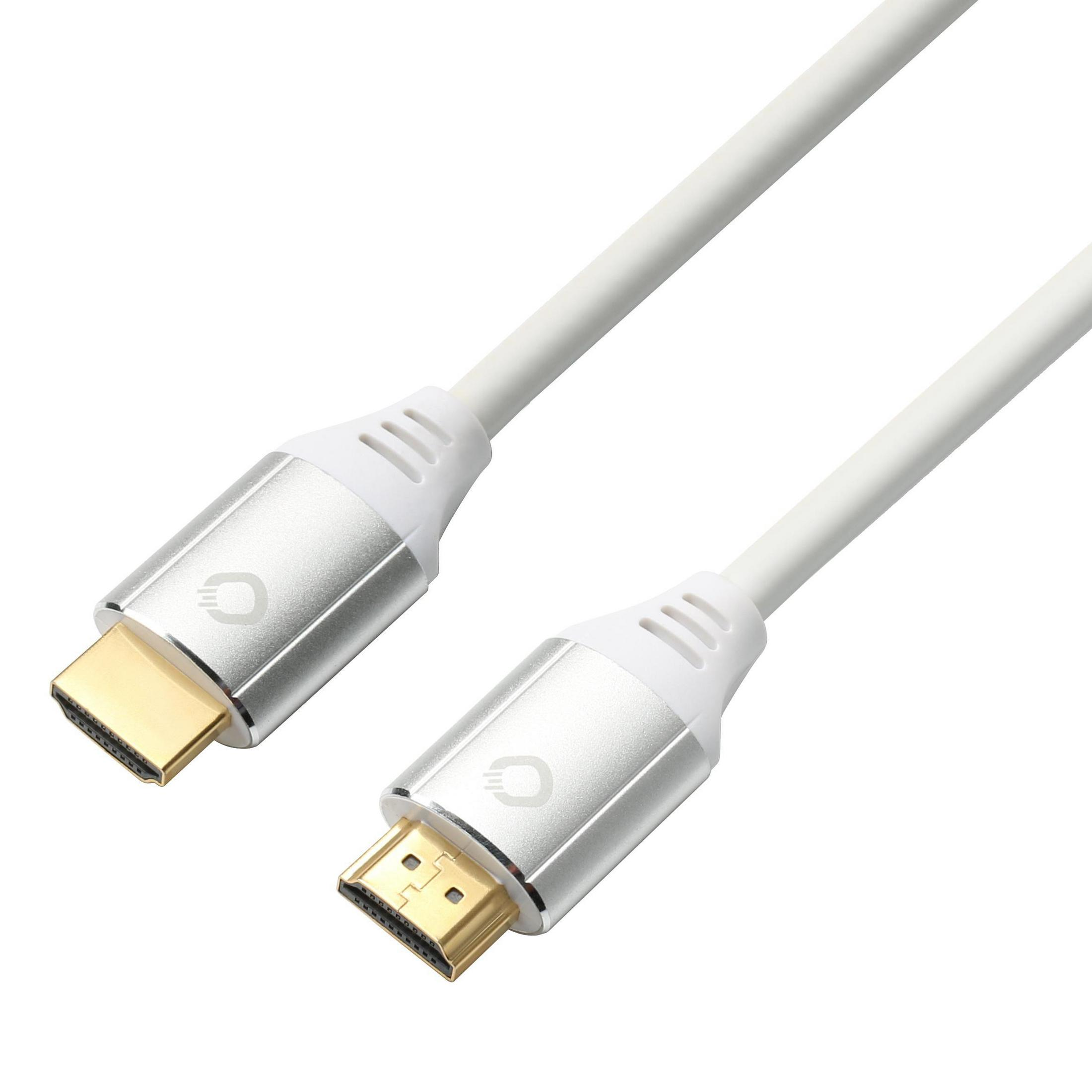 Weißes HDMI-Kabel mit Metallanschlüssen, Gold- und Silberfarben.