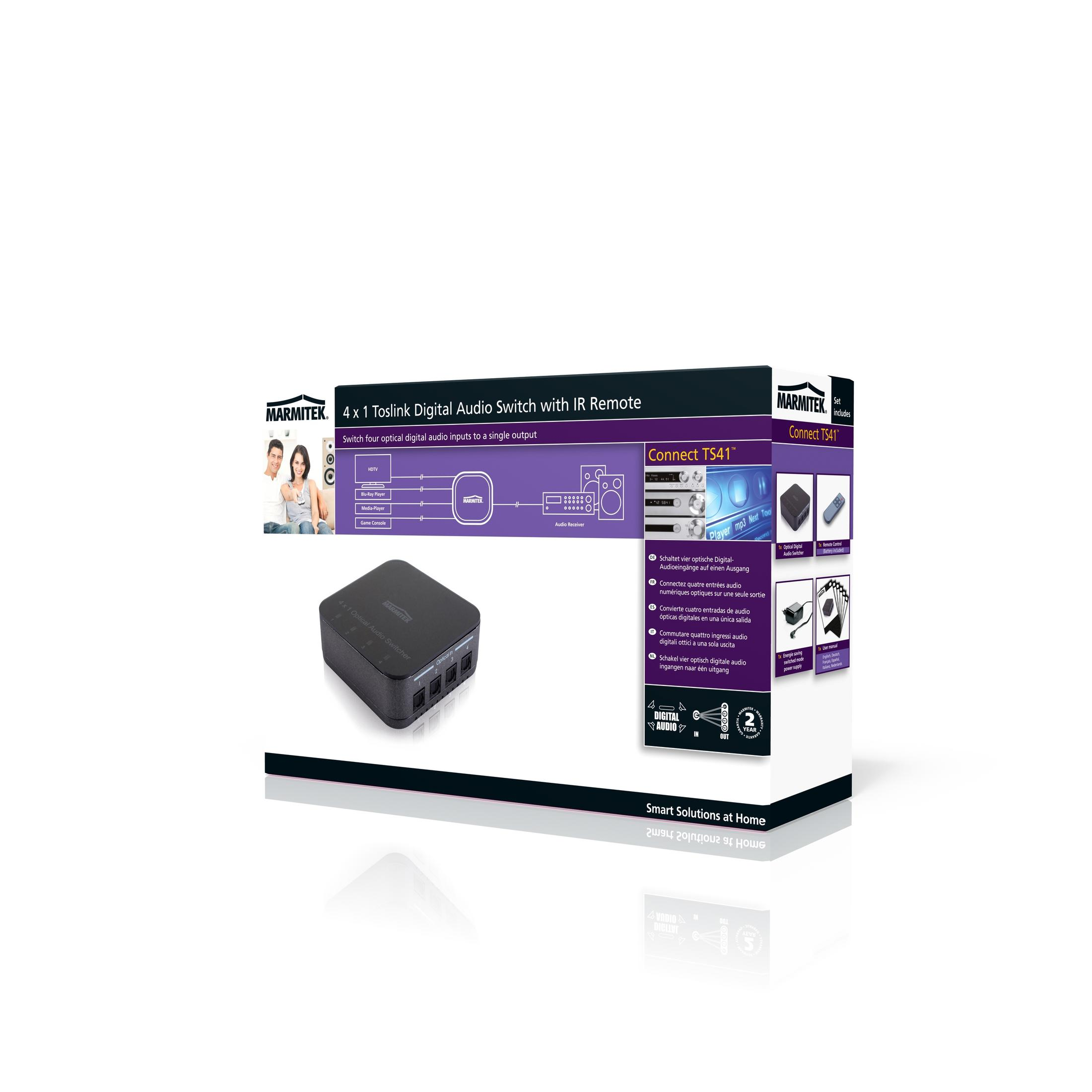 Ein schwarzer digitaler Audioschalter mit IR-Fernbedienung, mit Produktbox mit Details und Bildern.