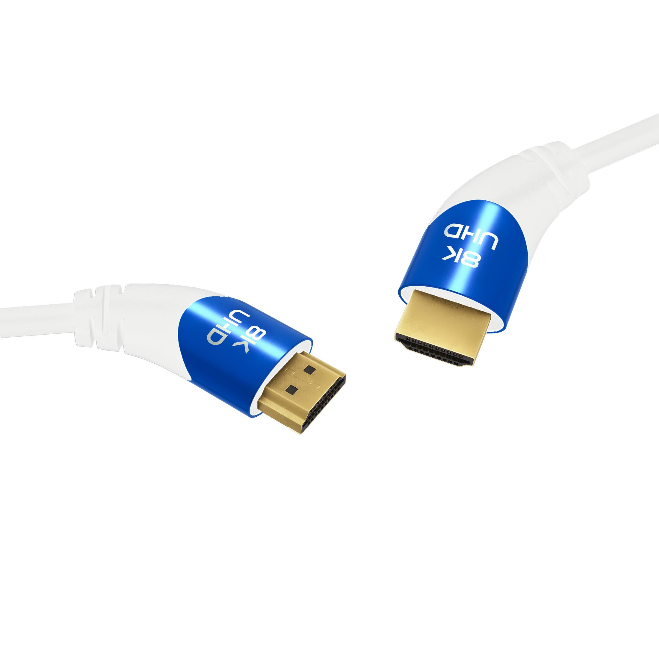 Weißes HDMI-Kabel mit blauen Details und Steckern, 8K UHD-Etikett.