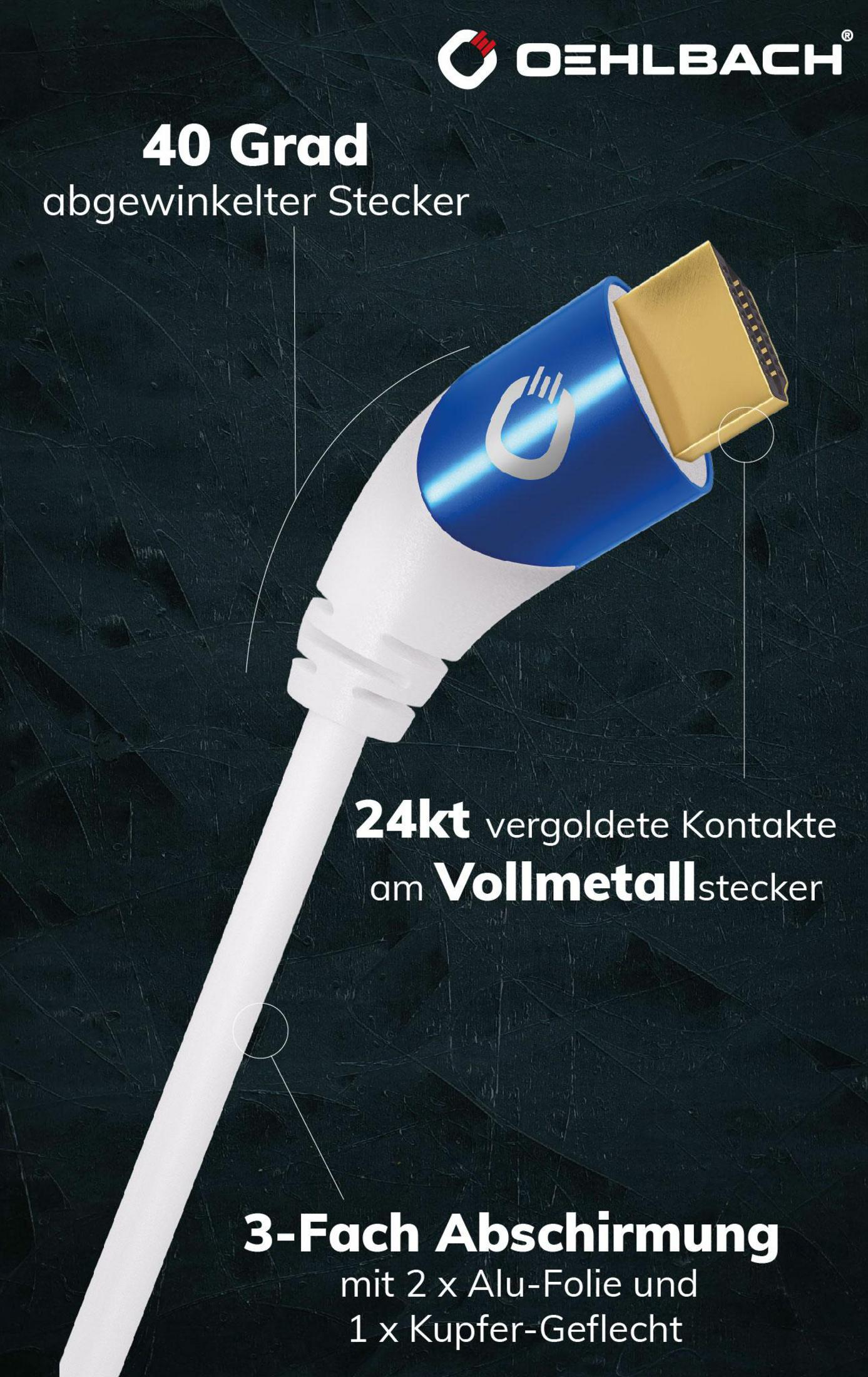 Nahaufnahme eines blau-weißen Kabels. Text weist auf 24-karätige Goldkontakte und Abschirmung hin.