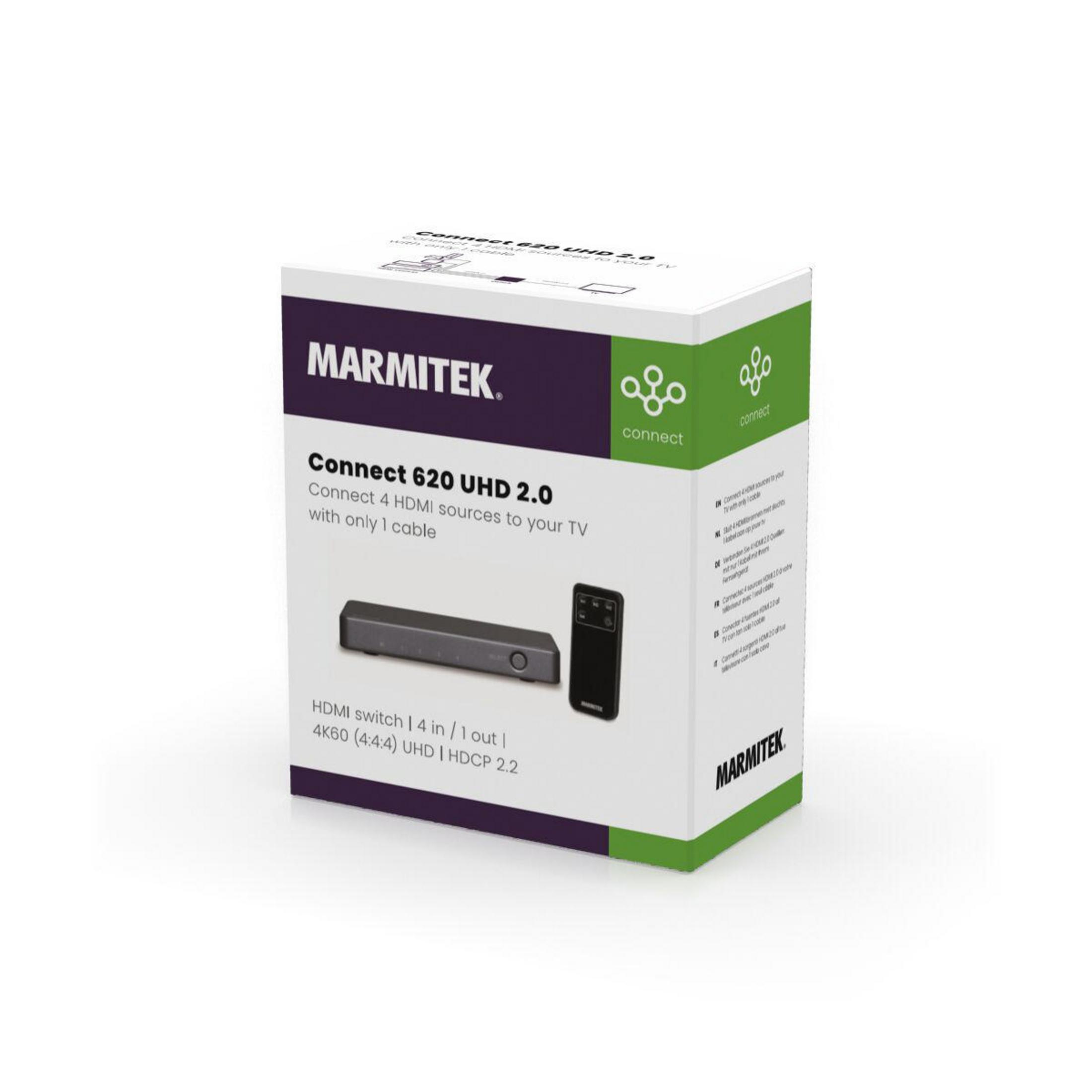 A box of Marmitek Connect 620 UHD 2.0 with a remote control.