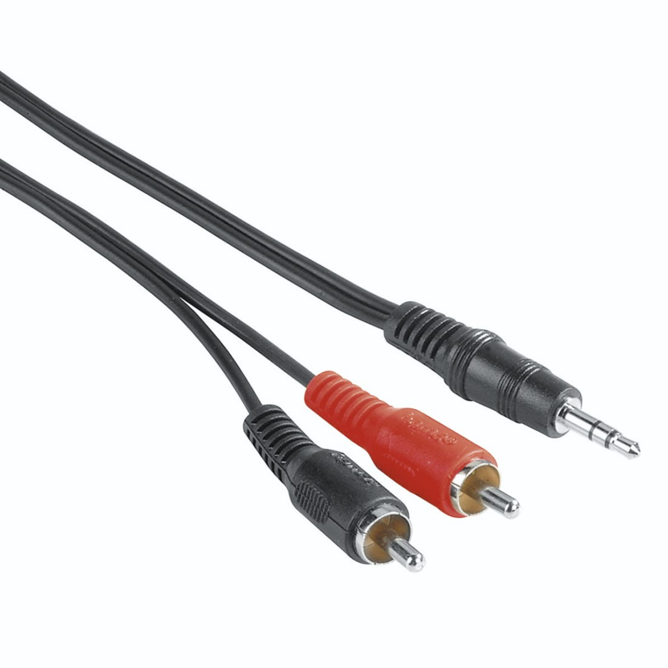 Cavo audio con tre connettori. Cavo nero con connettori RCA rossi e neri e jack da 3,5 mm.