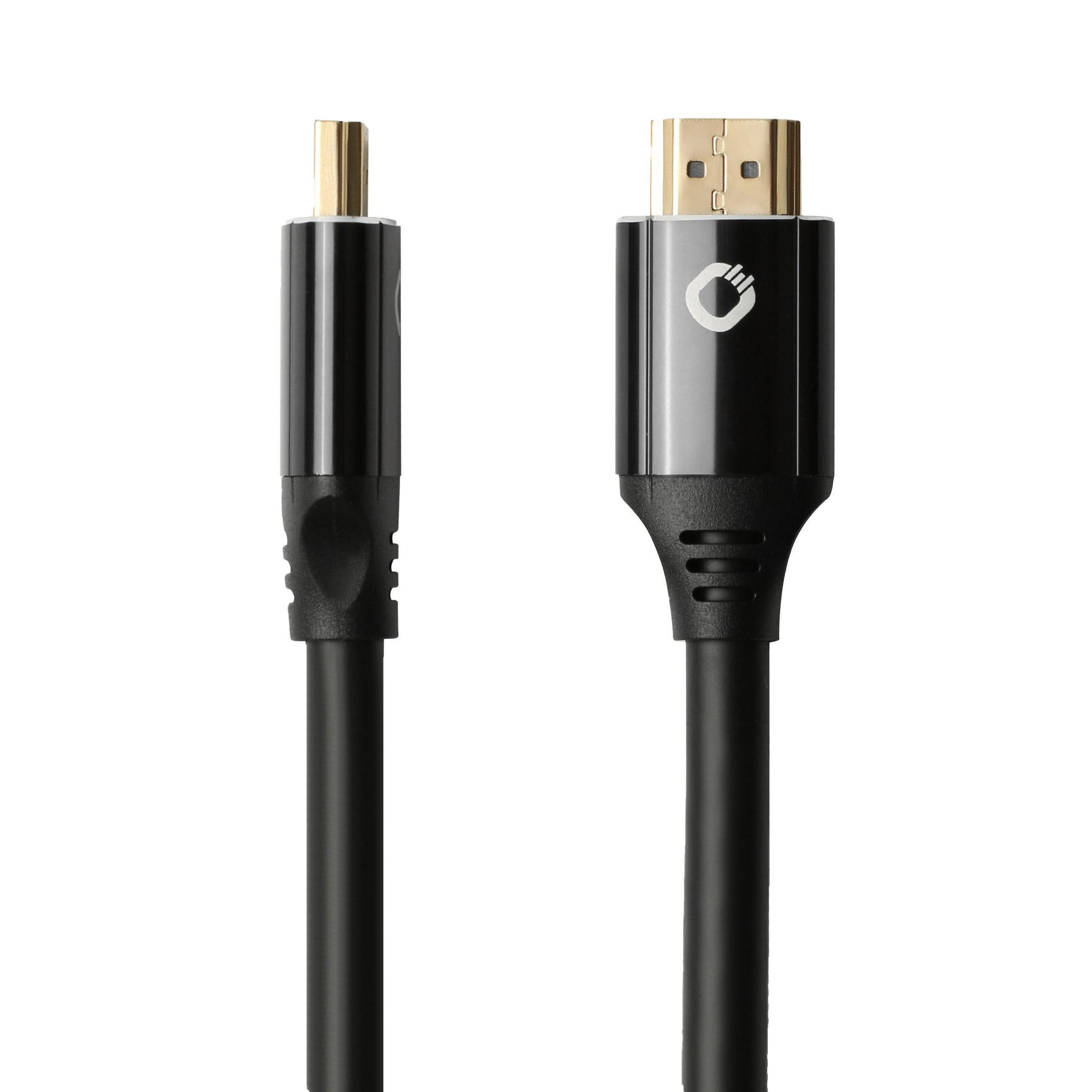 Schwarzes HDMI-Kabel mit goldfarbenen Anschlüssen, Enden in entgegengesetzte Richtungen, auf weißem Hintergrund.