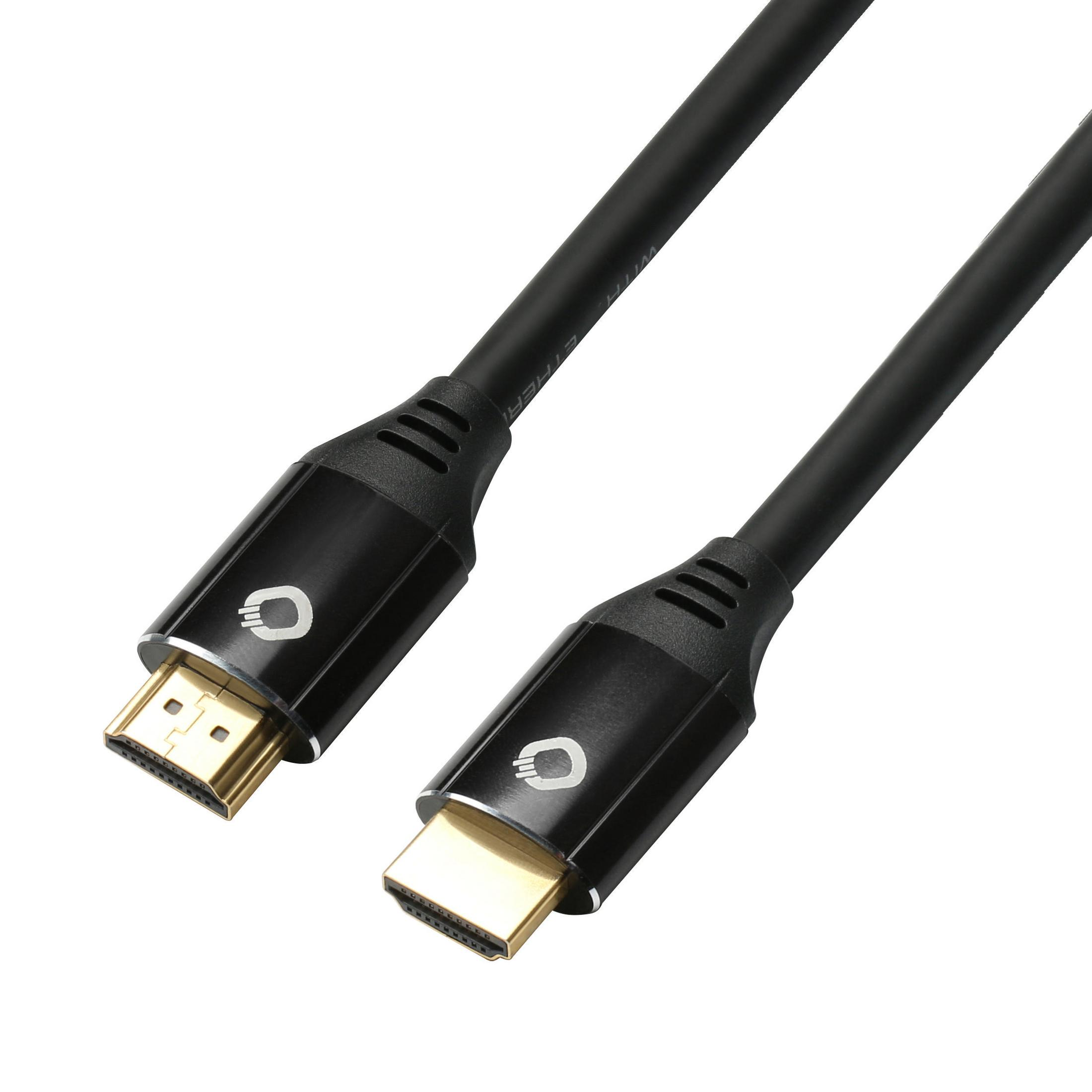 Zwei schwarze HDMI-Kabel mit goldenen Anschlüssen auf weißem Hintergrund, mit den Enden zum Betrachter.