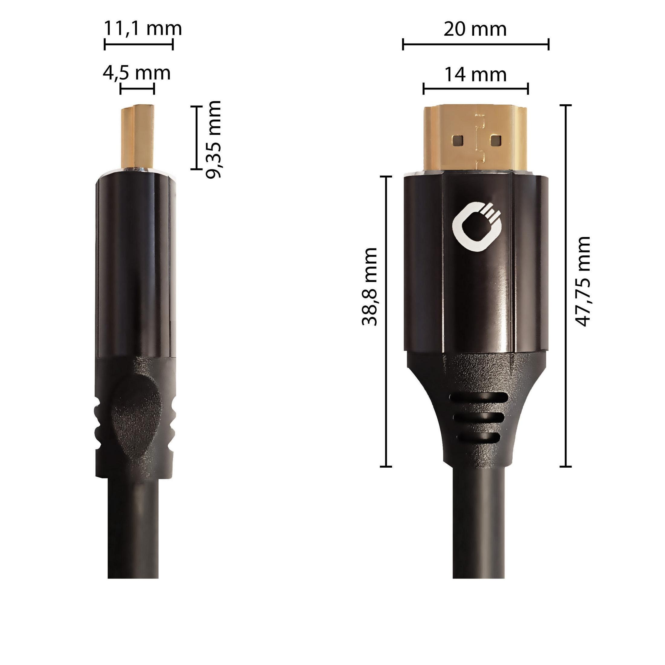 Nahaufnahme des HDMI-Anschlusses mit Abmessungen und schwarzem Kabel, vor weißem Hintergrund, für die technische Ansicht.