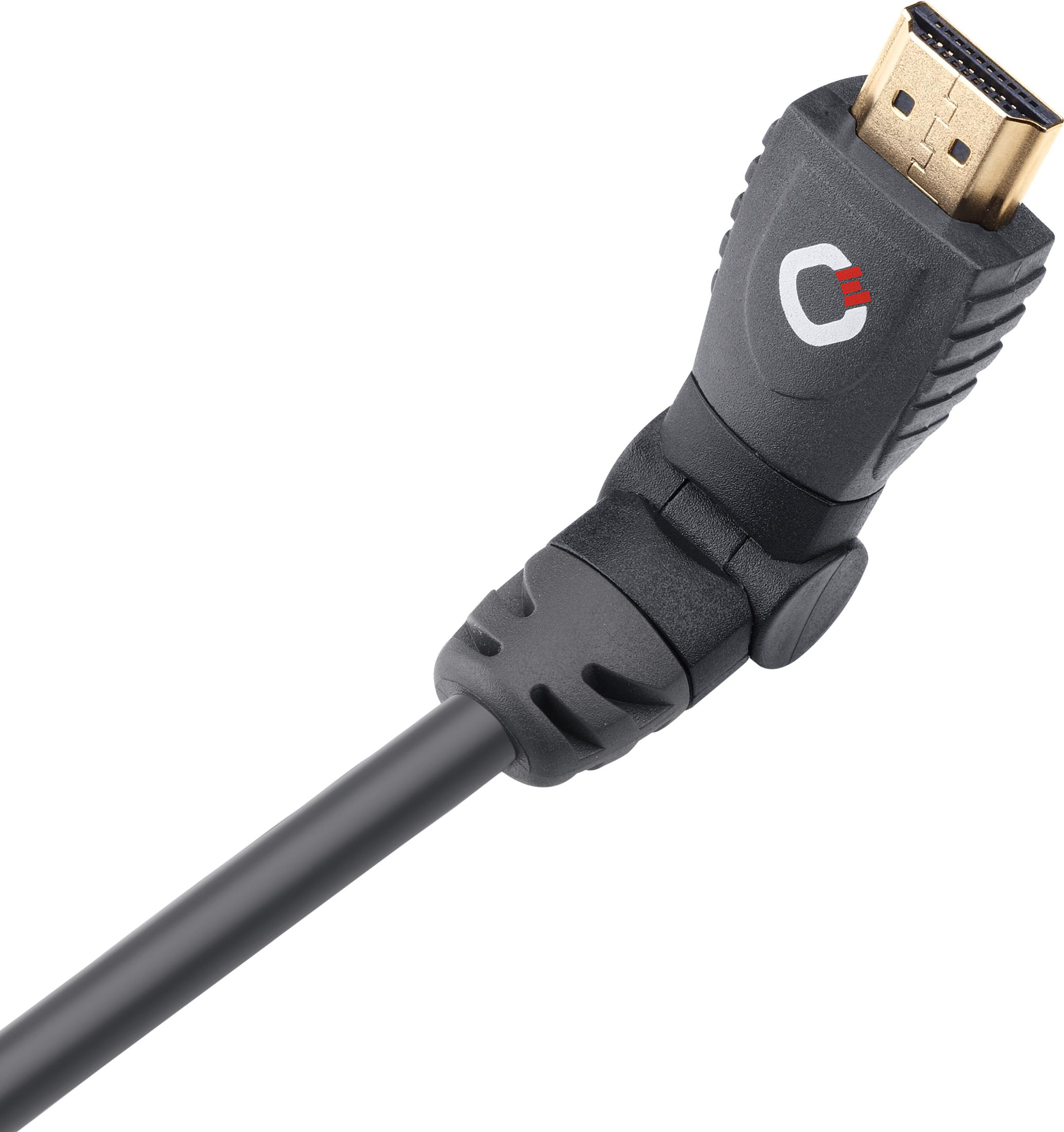 Nahaufnahme eines schwarzen HDMI-Kabels mit einem schwarzen Stecker mit weißem "C"-Logo.