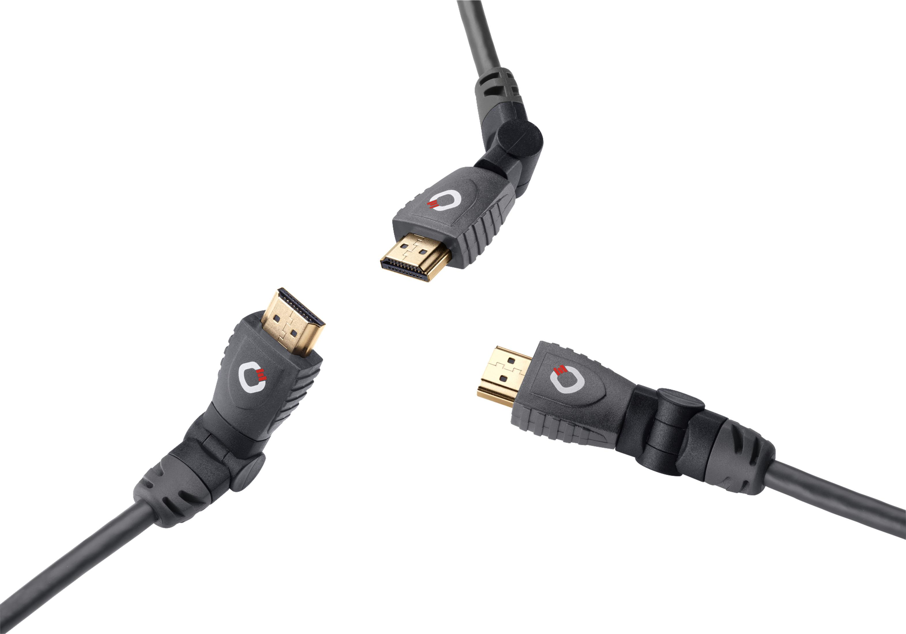 Drei HDMI-Kabel mit Anschlüssen, abgewinkelt und freigestellt auf Weiß.