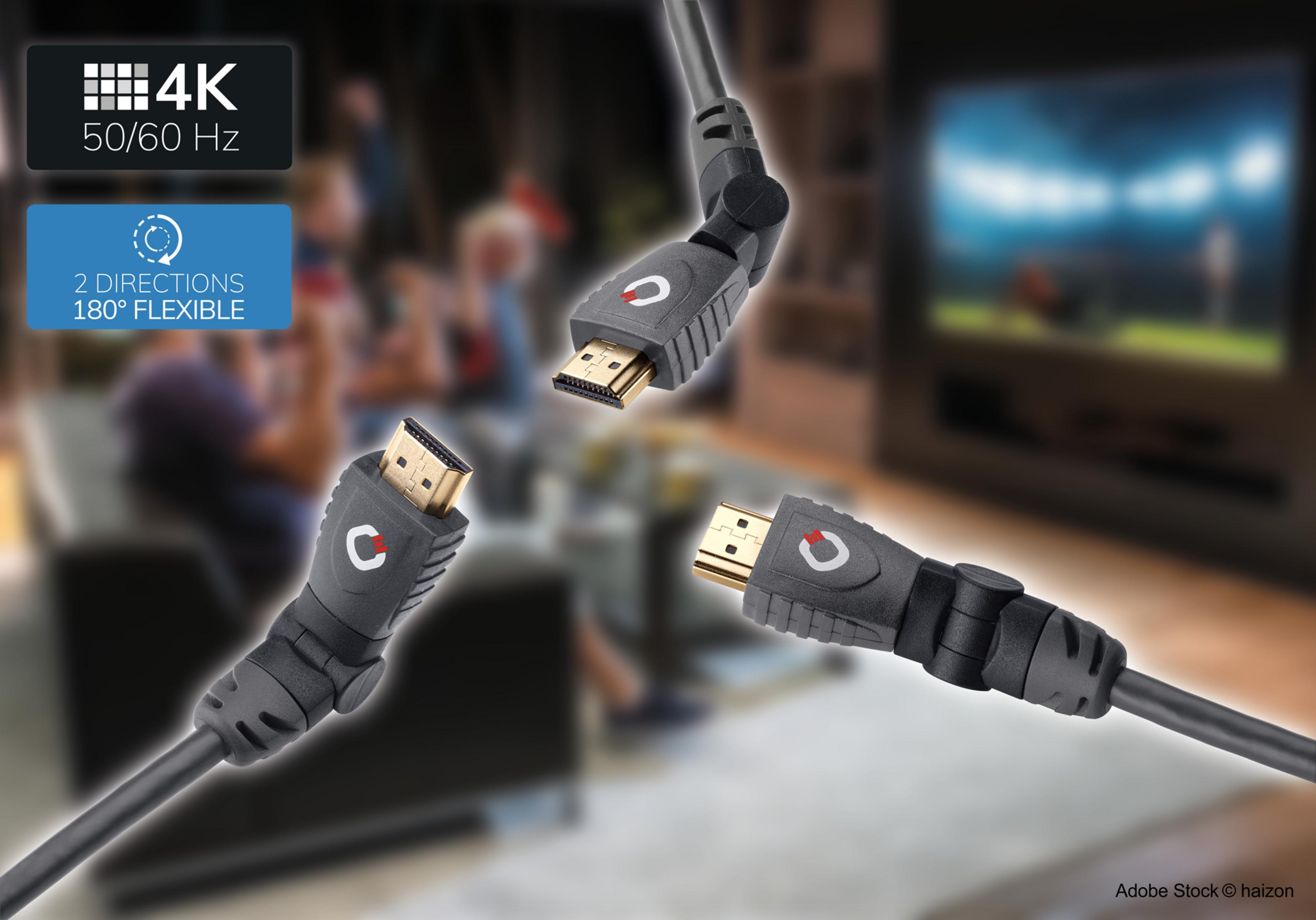 Drei HDMI-Kabel mit schwarzen Steckern, goldenen Spitzen und einem blauen Etikett.