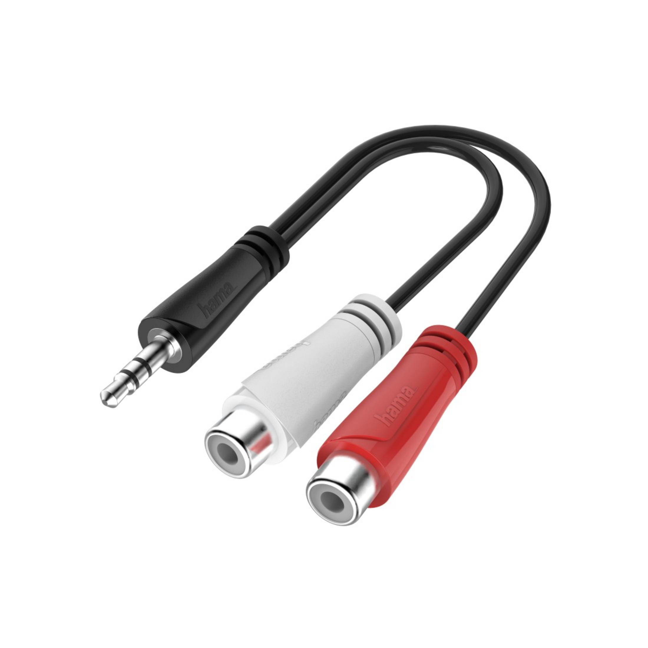 Czarny, biały i czerwony kabel audio. Ma wtyk 3,5 mm i dwa złącza RCA.