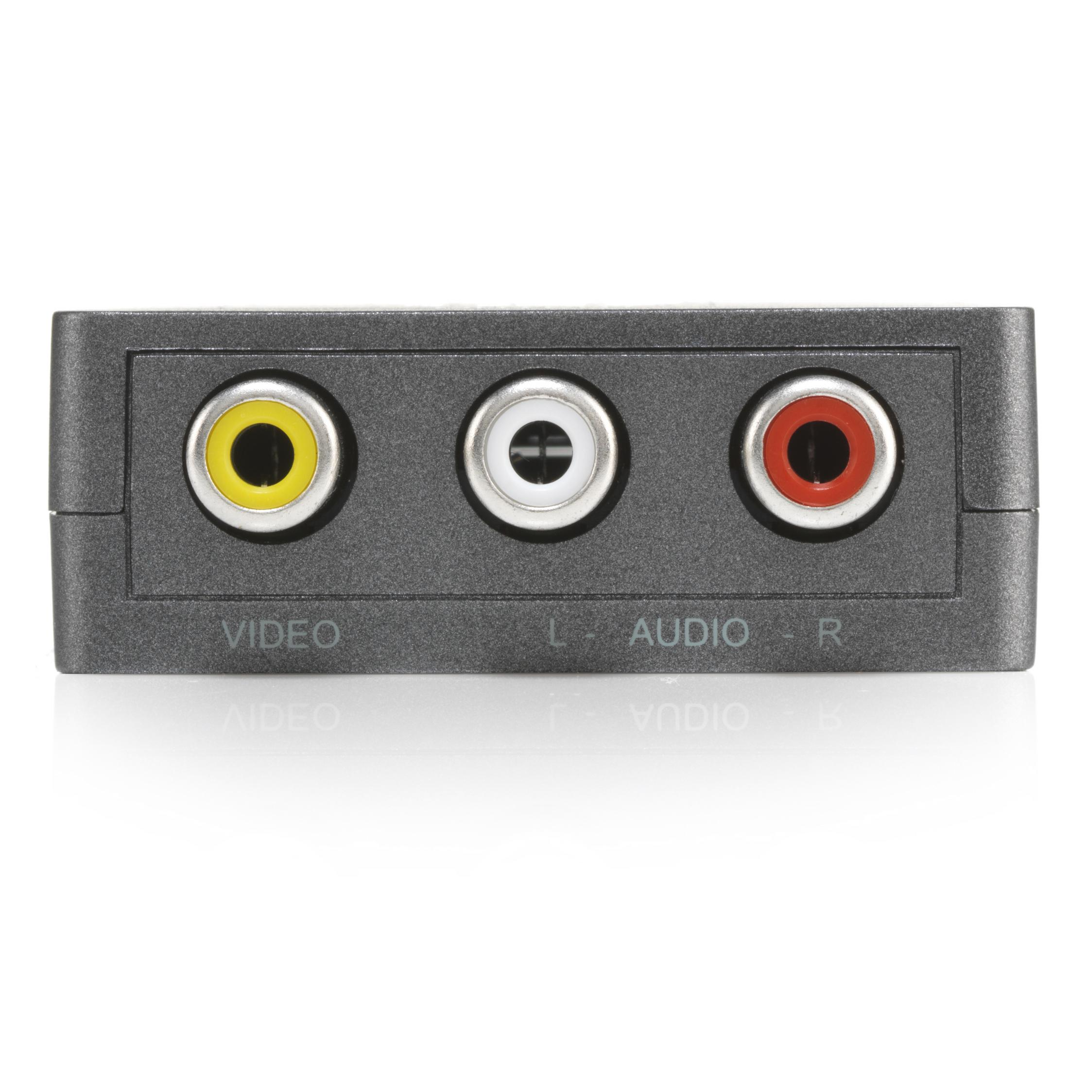 Nahaufnahme eines schwarzen Adapters mit gelben, weißen und roten RCA-Anschlüssen.