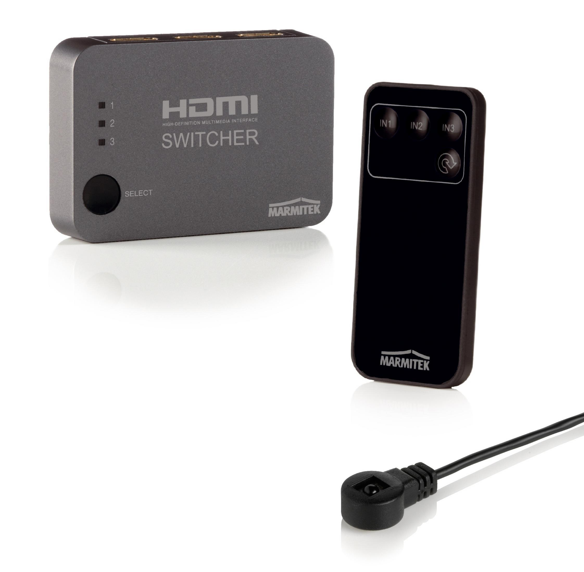 HDMI-Umschalter mit Fernbedienung. Graue Box mit Knöpfen. Schwarze Fernbedienung.