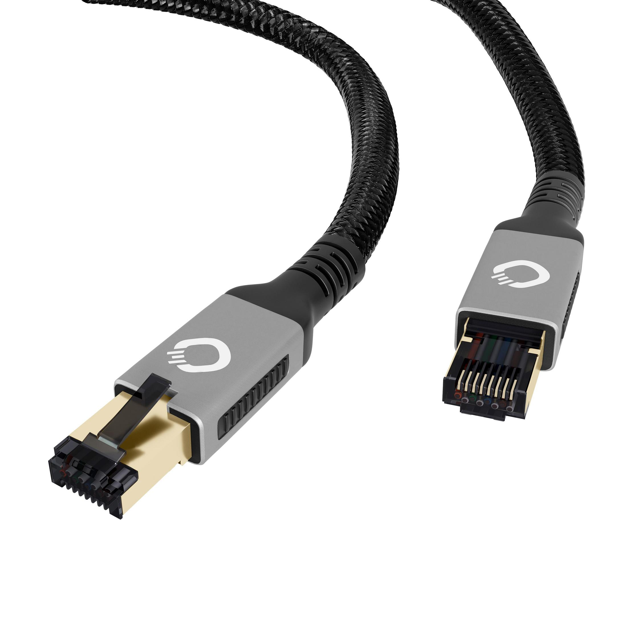 Zwei schwarze Netzwerkkabel mit grauen Steckern, goldenen Pins und geflochtenem Design.
