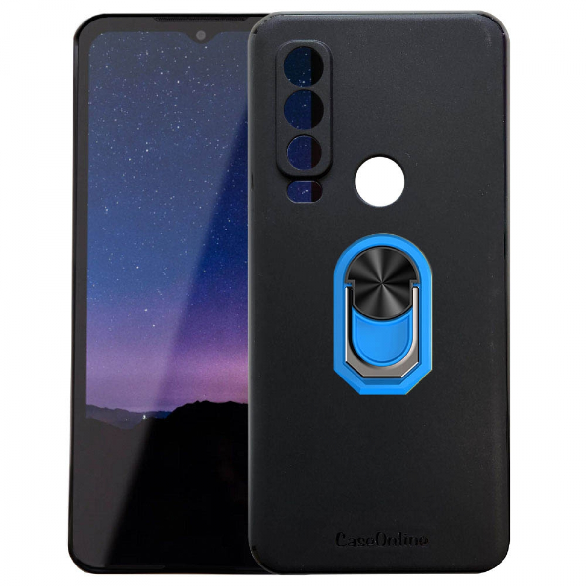 Schwarzes Telefon mit Ringhalter auf der Rückseite und einem anderen Telefon links.