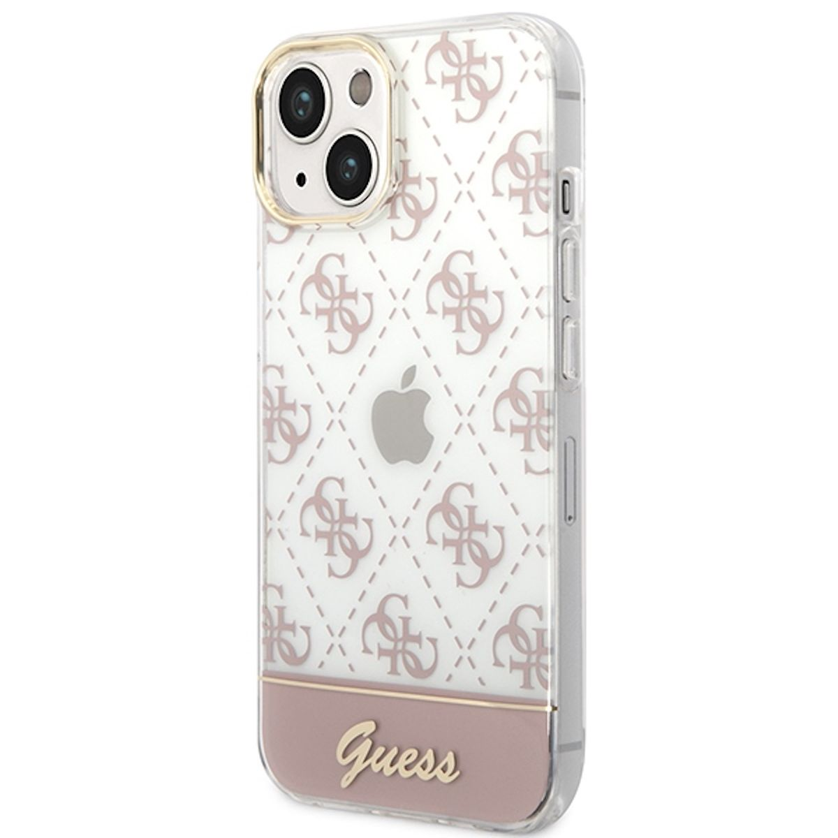Transparente Guess-Handyhülle mit rosa Logomuster und goldenem Rahmen um die Kamera.