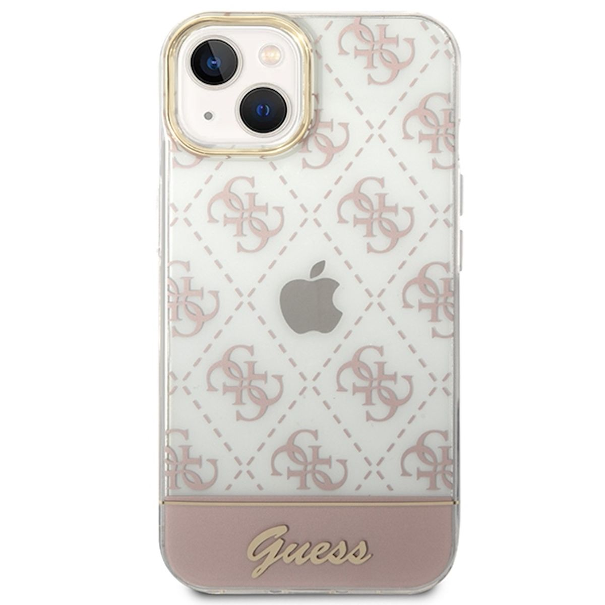 Eine Guess iPhone Hülle, transparent mit rosa Logo-Muster, goldfarbenem Rand und rosa Basis.
