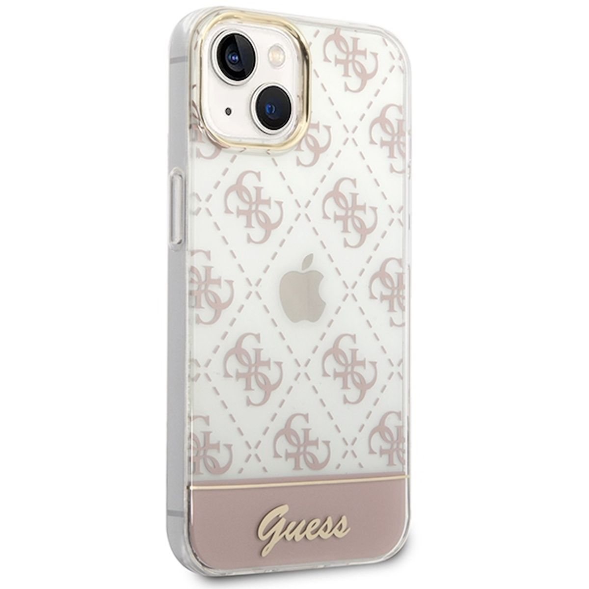 Transparente Handyhülle mit rosa Guess-Logo-Muster und einem rosafarbenen Balken.