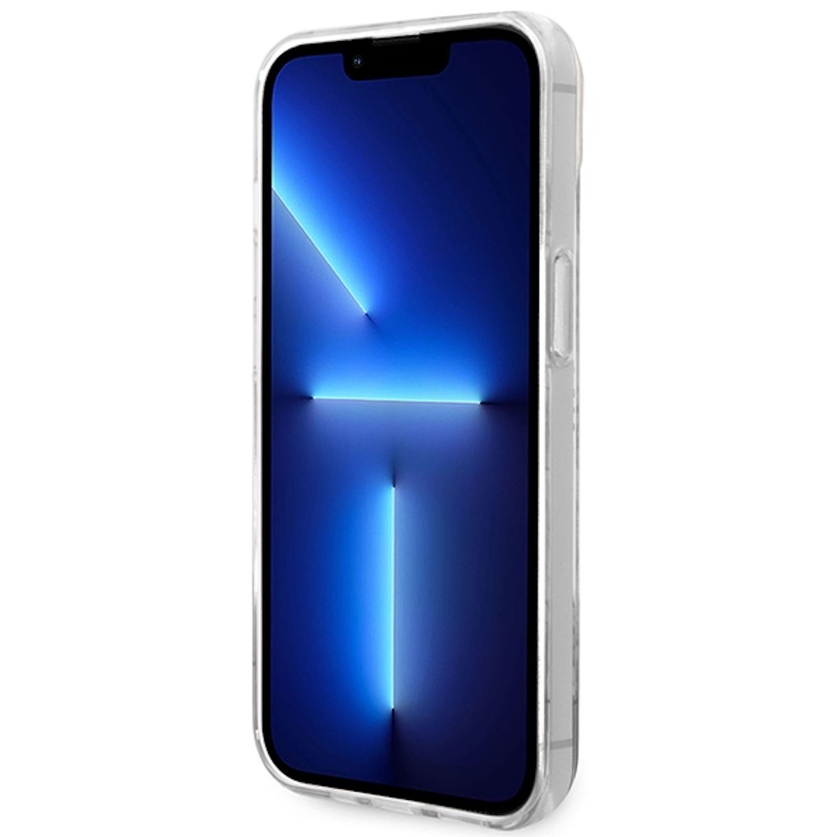 Ein Smartphone in einer durchsichtigen Hülle. Der Bildschirm zeigt ein blaues und weißes Design.