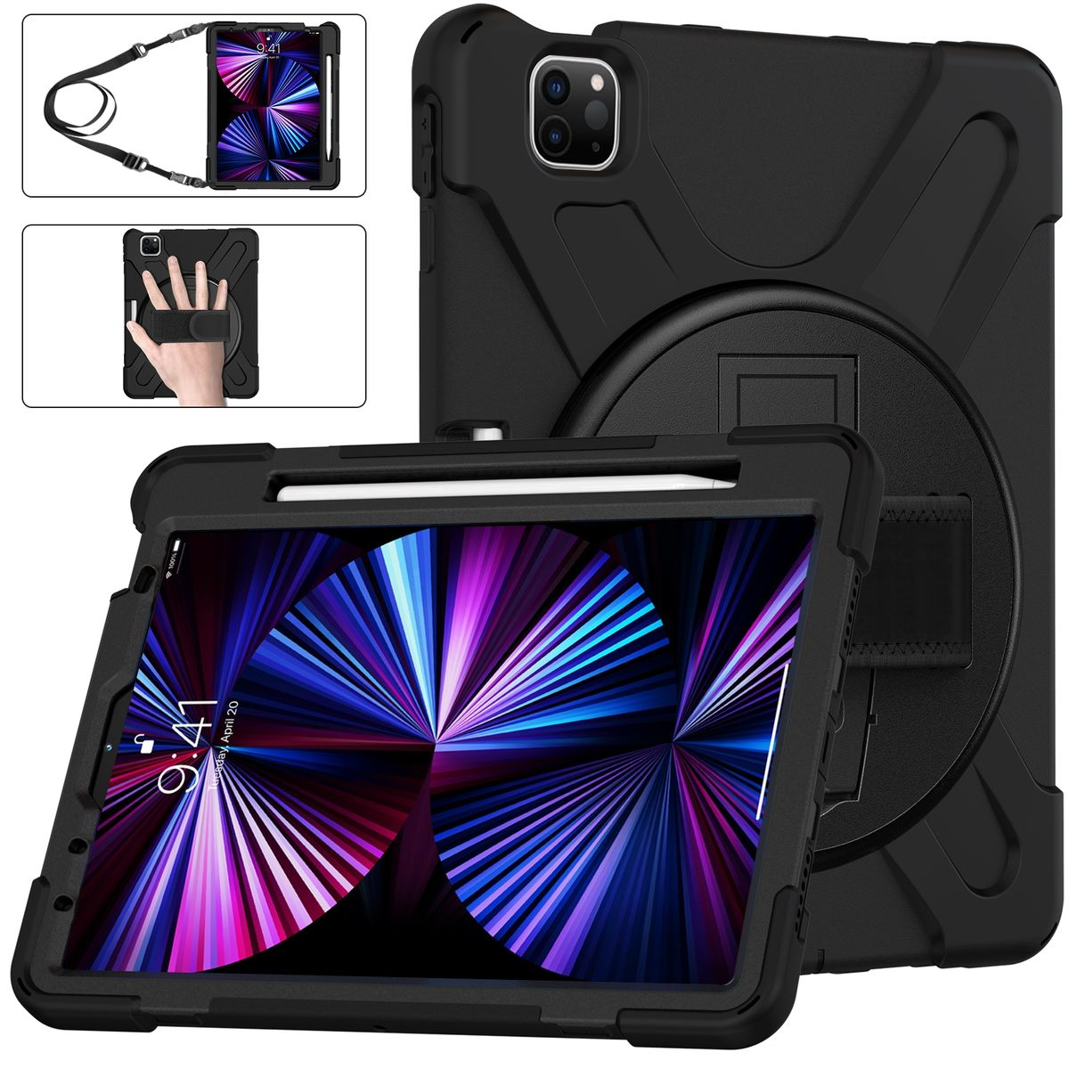 Schwarzes Tablet mit Hülle und Stift, aus mehreren Winkeln, mit Handschlaufe.