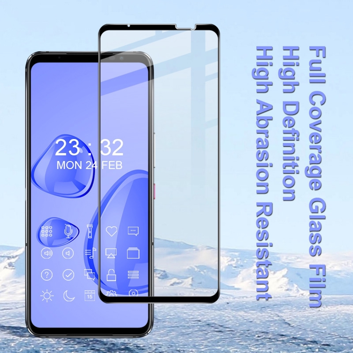 Telefonbildschirm mit Displayschutzfolie daneben, Text: Full Coverage Glass.