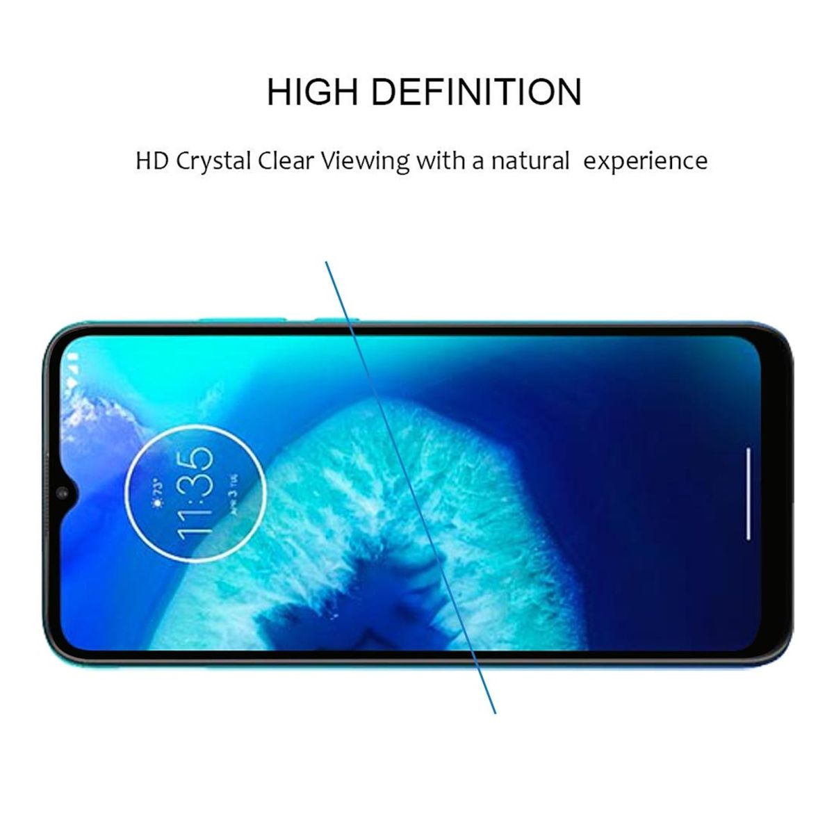 Smartphone-Bildschirm mit Uhrzeit und Datum, mit blauem Akzent, vor blauem Hintergrund.